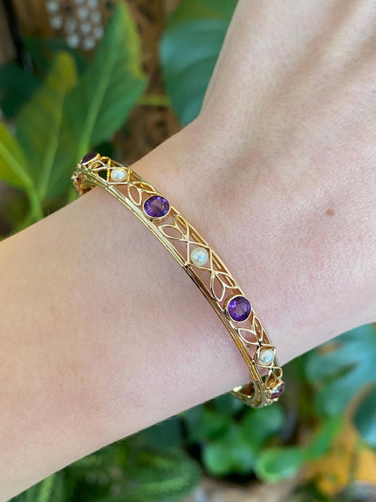 Vintage Solid 14k Yellow Gold Pearl Amethyst Open Work Bangle Bracelet