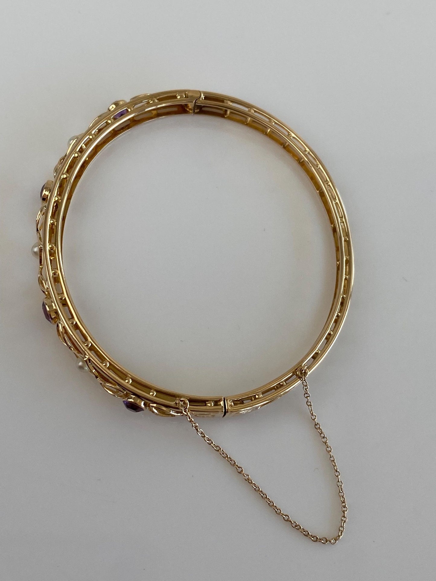 Vintage Solid 14k Yellow Gold Pearl Amethyst Open Work Bangle Bracelet