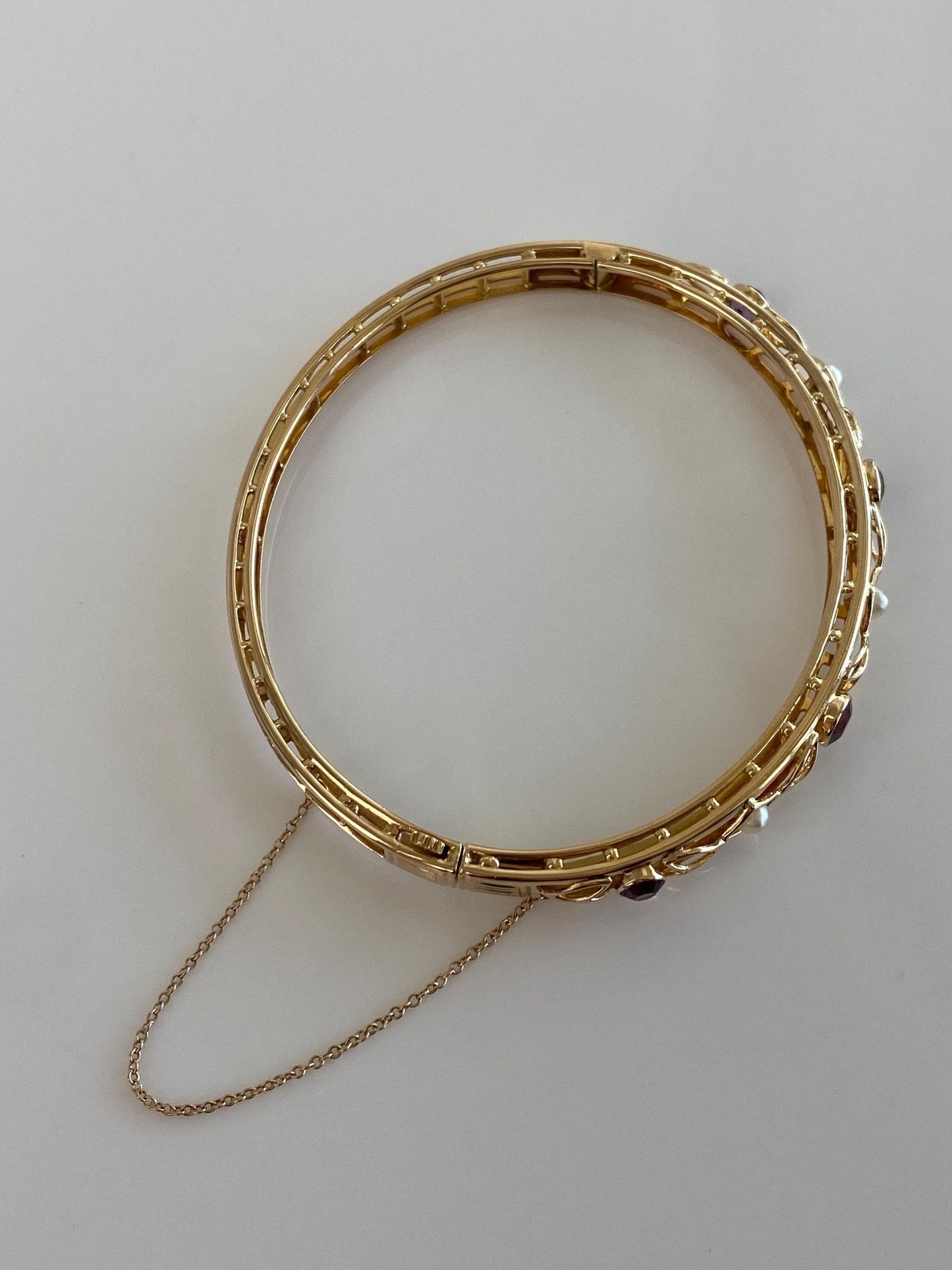 Vintage Solid 14k Yellow Gold Pearl Amethyst Open Work Bangle Bracelet