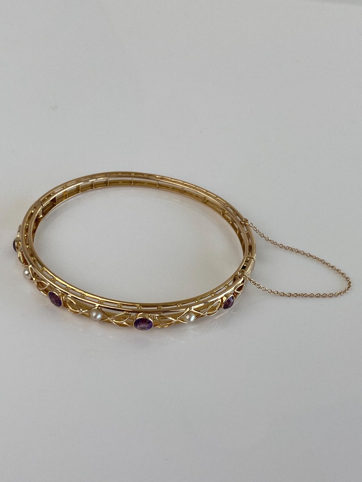 Vintage Solid 14k Yellow Gold Pearl Amethyst Open Work Bangle Bracelet