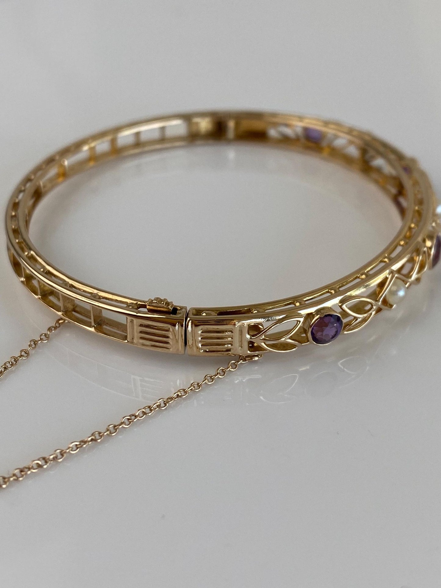Vintage Solid 14k Yellow Gold Pearl Amethyst Open Work Bangle Bracelet