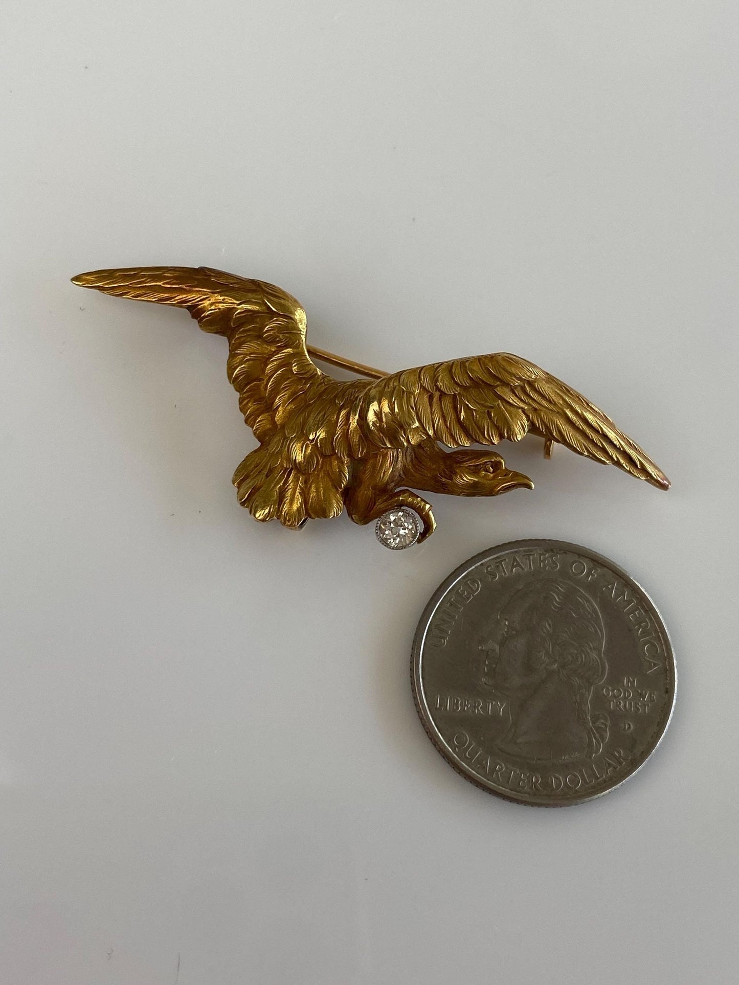 Vintage Solid 18k Yellow Gold Diamond Eagle Brooch Pin