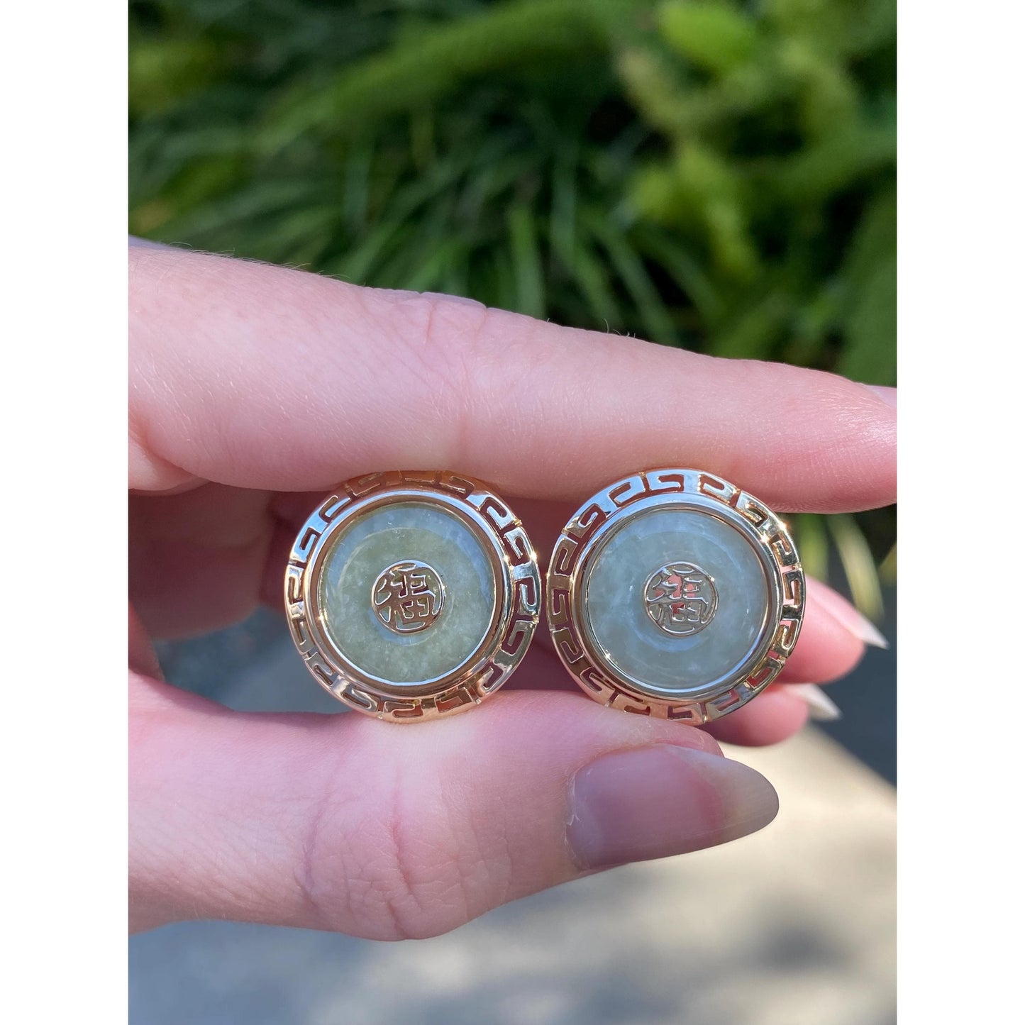 Solid 14k Yellow Gold Large Jade Greek Key Border Stud Earrings