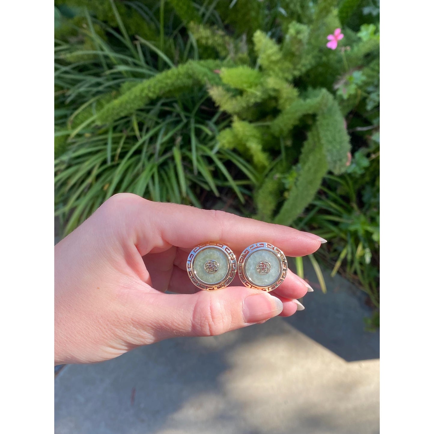 Solid 14k Yellow Gold Large Jade Greek Key Border Stud Earrings