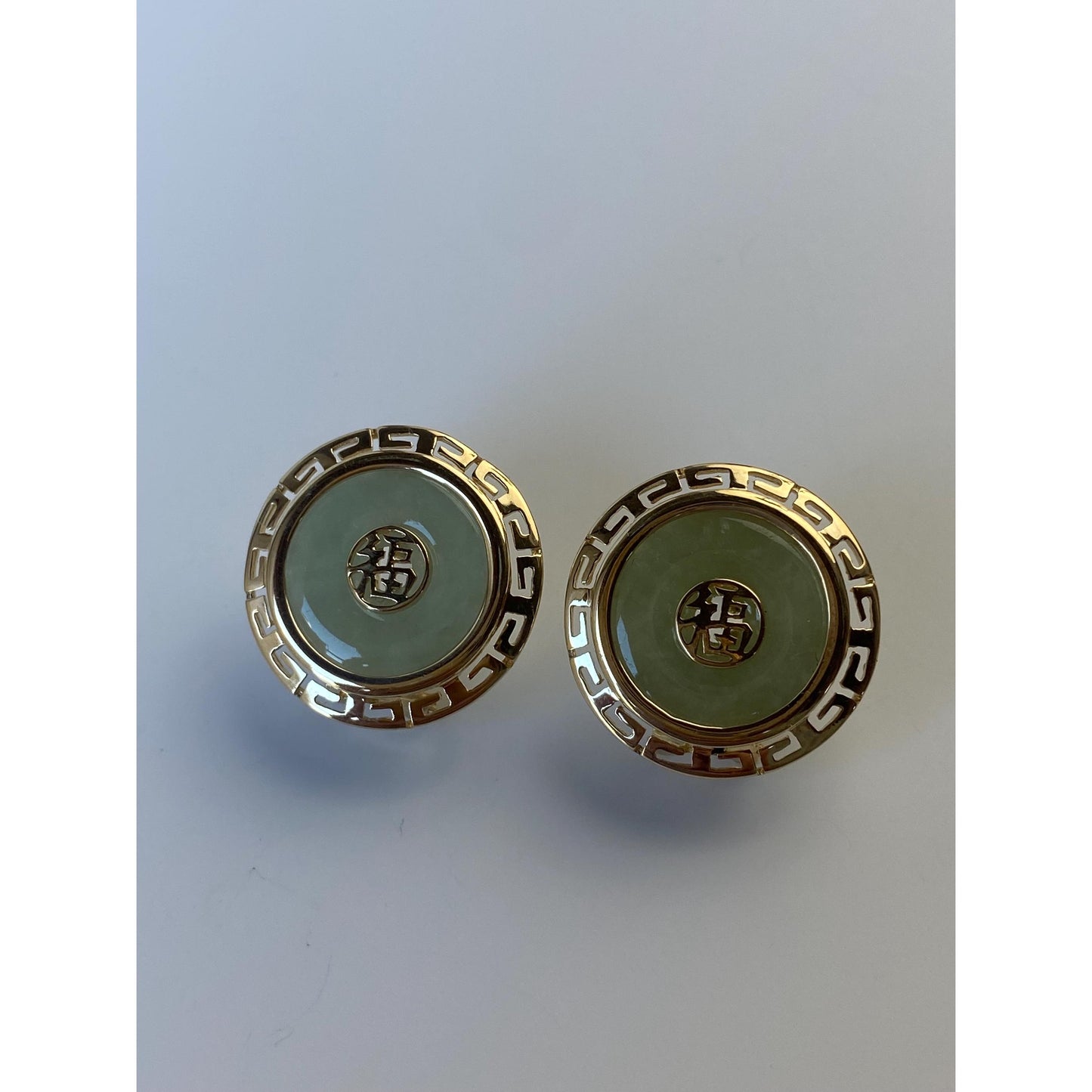 Solid 14k Yellow Gold Large Jade Greek Key Border Stud Earrings