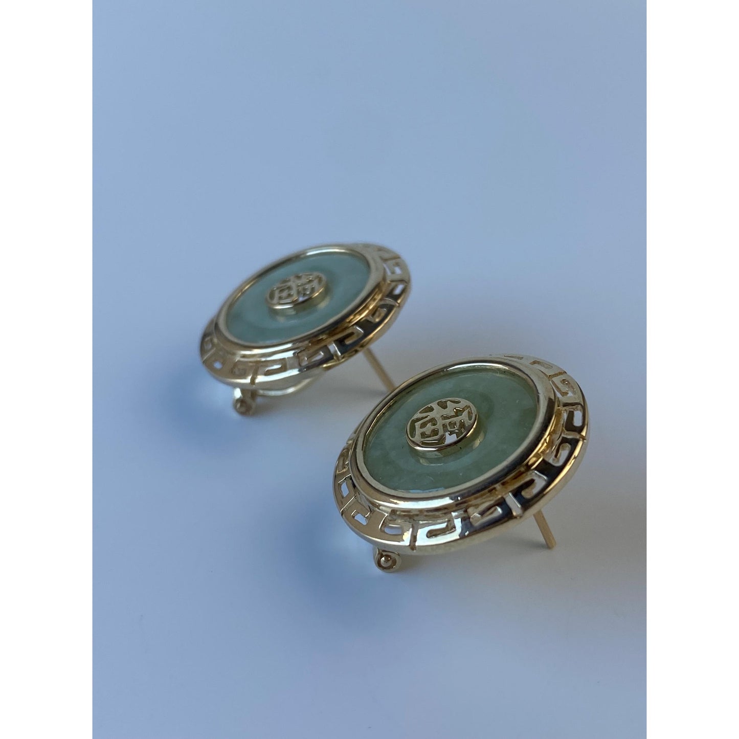 Solid 14k Yellow Gold Large Jade Greek Key Border Stud Earrings