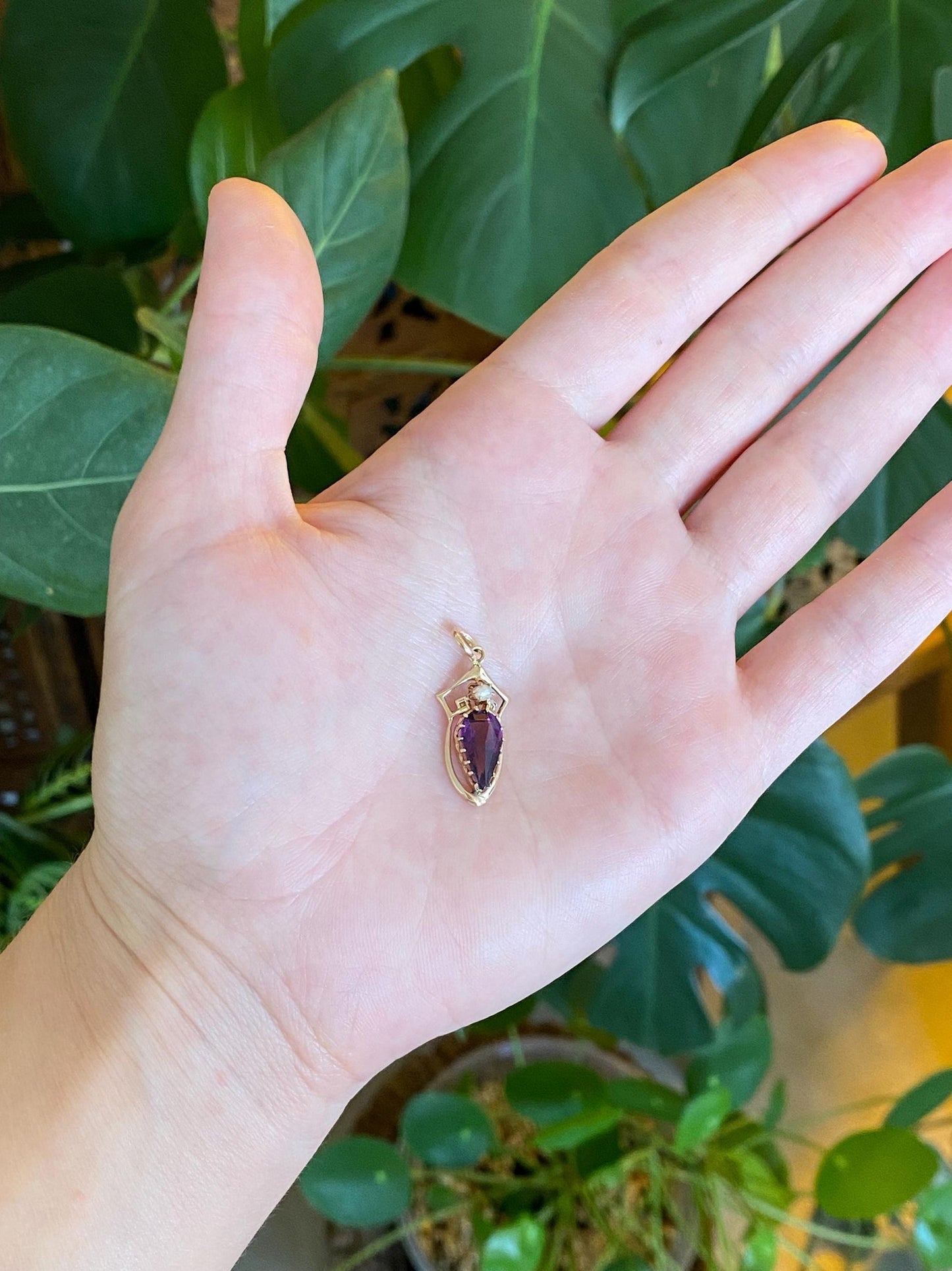 Vintage Solid 10k Yellow Gold Purple Cubic Zirconia Seed Pearl Charm