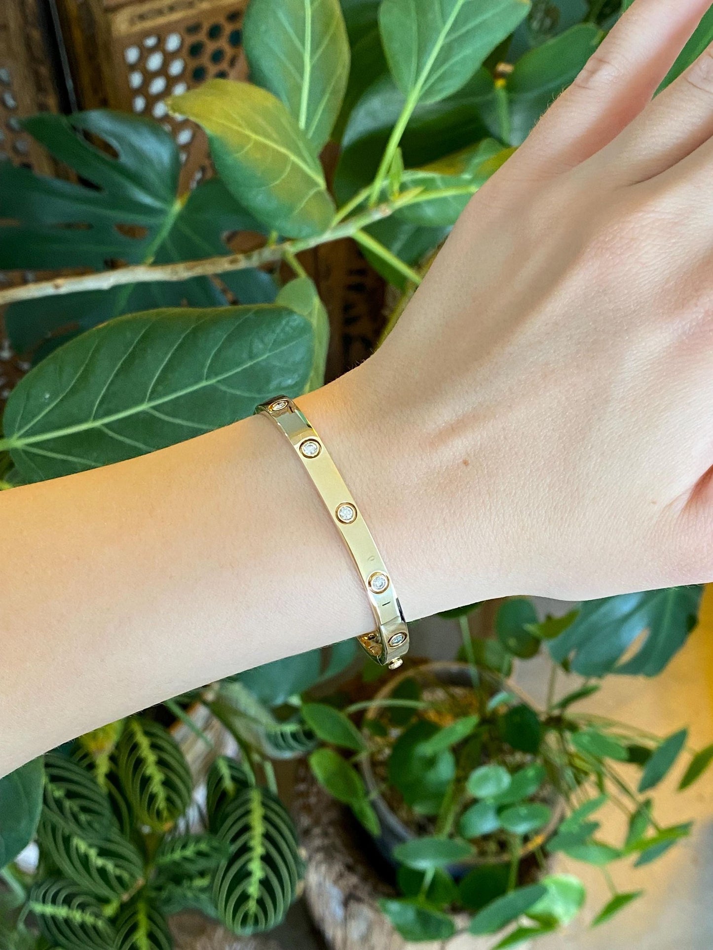 Vintage Solid 14k Yellow Gold Diamond Bangle Bracelet - 6 3/4 Inches