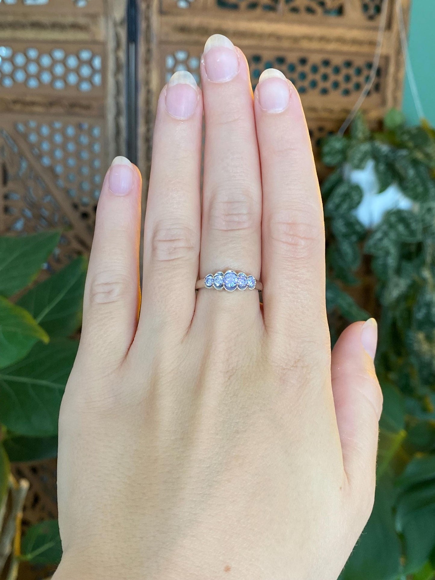 Solid 14k White Gold Light Purple Cubic Zirconia Row Ring - Size 6.5