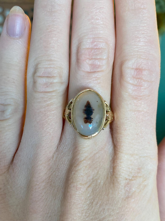 Vintage Solid 14k Yellow Gold Dendritic Agate Ring - Size 8.75