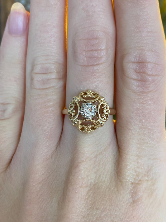Vintage Solid 14k Yellow Gold Diamond Open Work Ring - Size 7