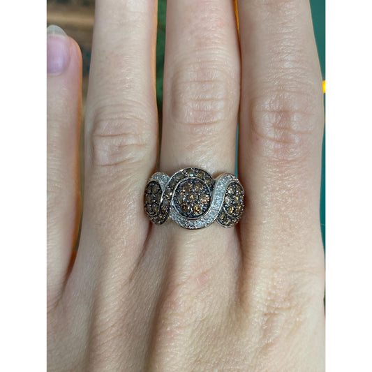 Vintage Solid 14k White Gold Orange Brown & Clear Diamond Ring Band - Size 8