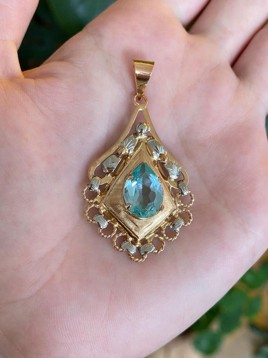 Vintage Solid 18k Rose & White Gold Bright Blue Spinel Charm
