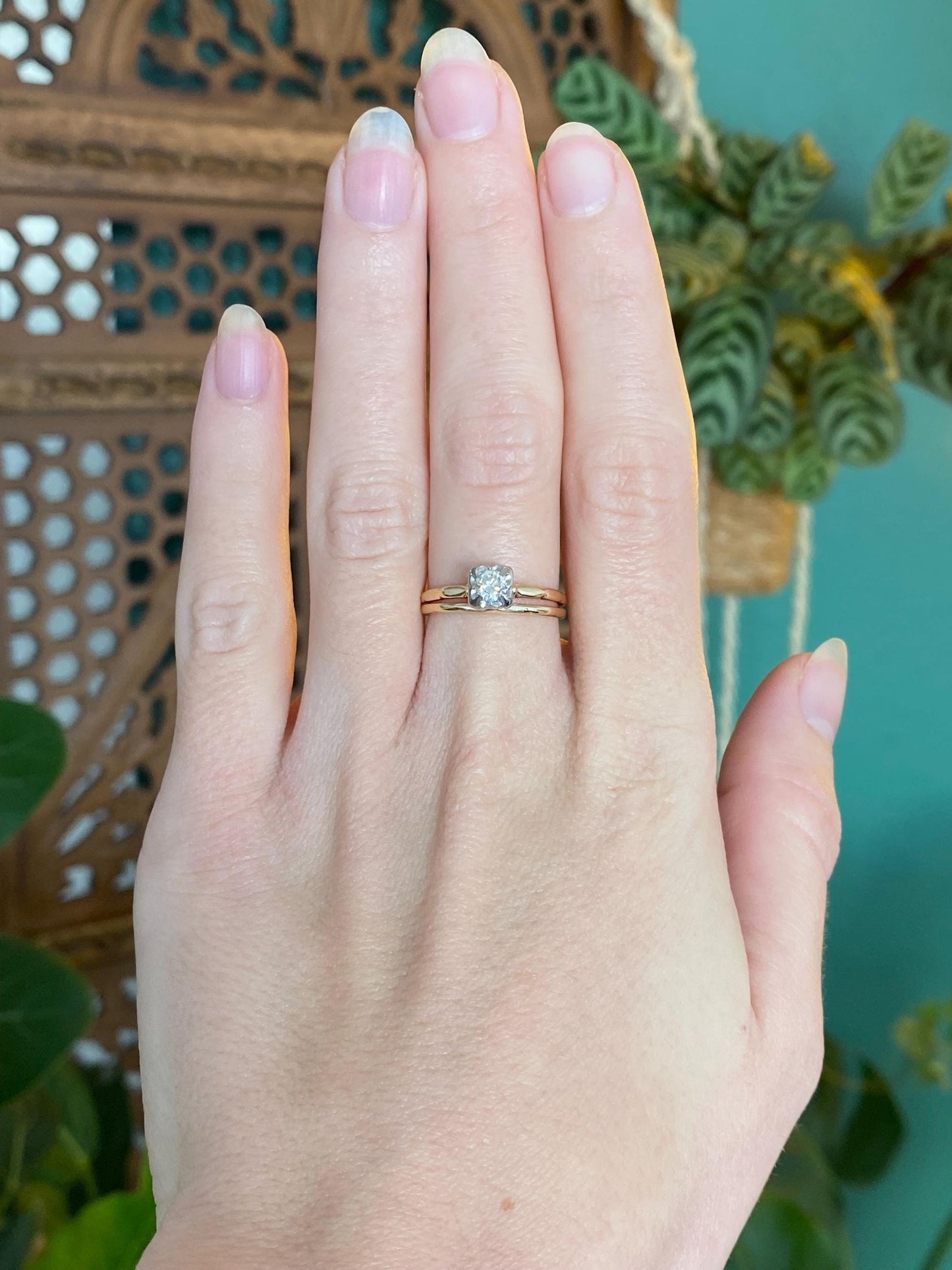 Vintage Solid 14k White & Yellow Gold Diamond Ring - Size 6.5