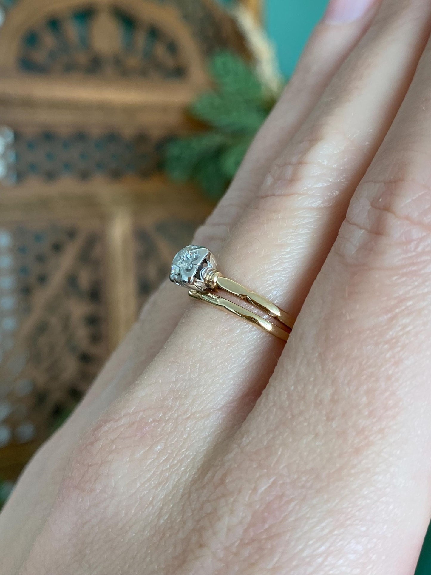 Vintage Solid 14k White & Yellow Gold Diamond Ring - Size 6.5