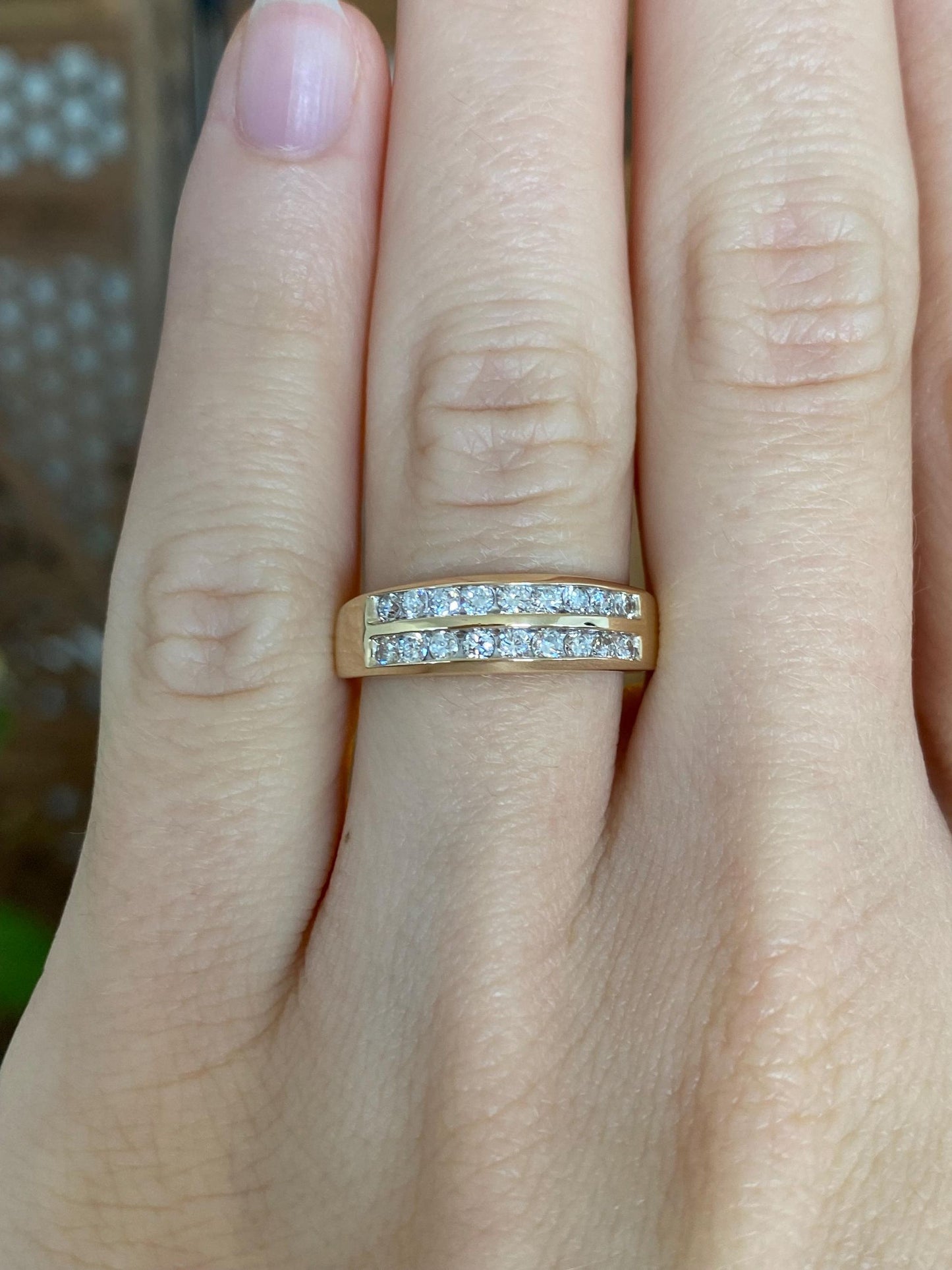 Vintage Solid 14k Yellow Gold Double Diamond Row Ring Band - Size 6