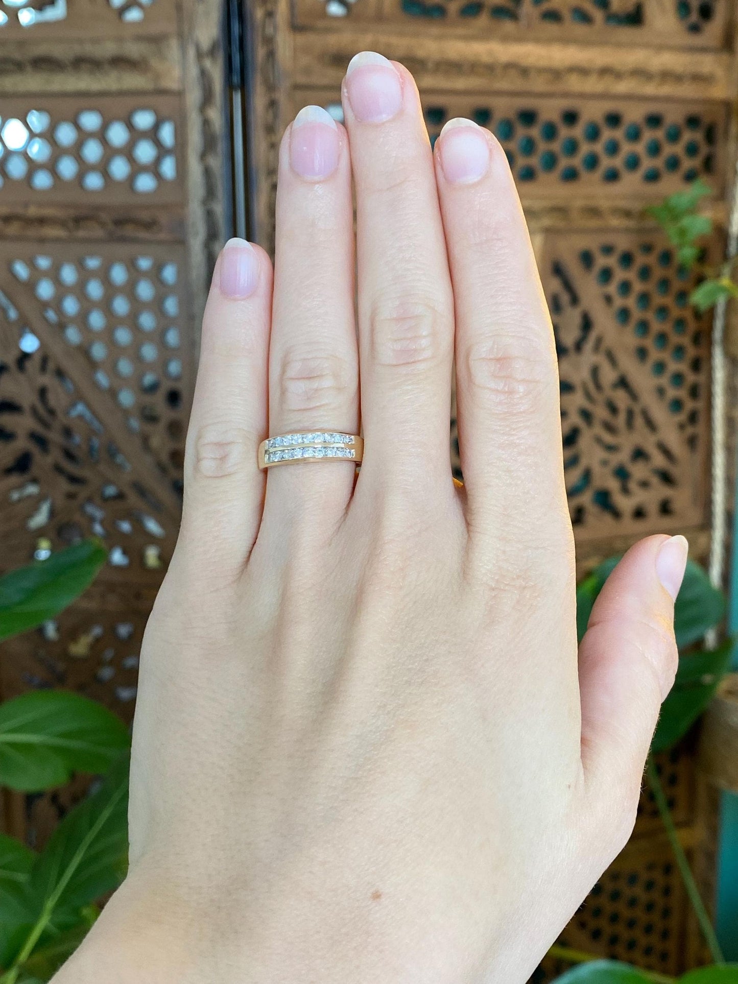 Vintage Solid 14k Yellow Gold Double Diamond Row Ring Band - Size 6