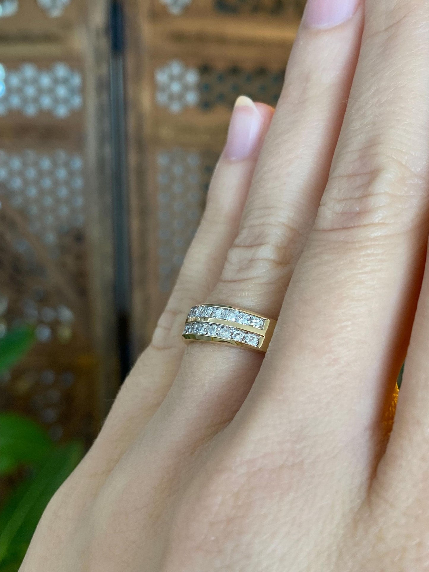 Vintage Solid 14k Yellow Gold Double Diamond Row Ring Band - Size 6