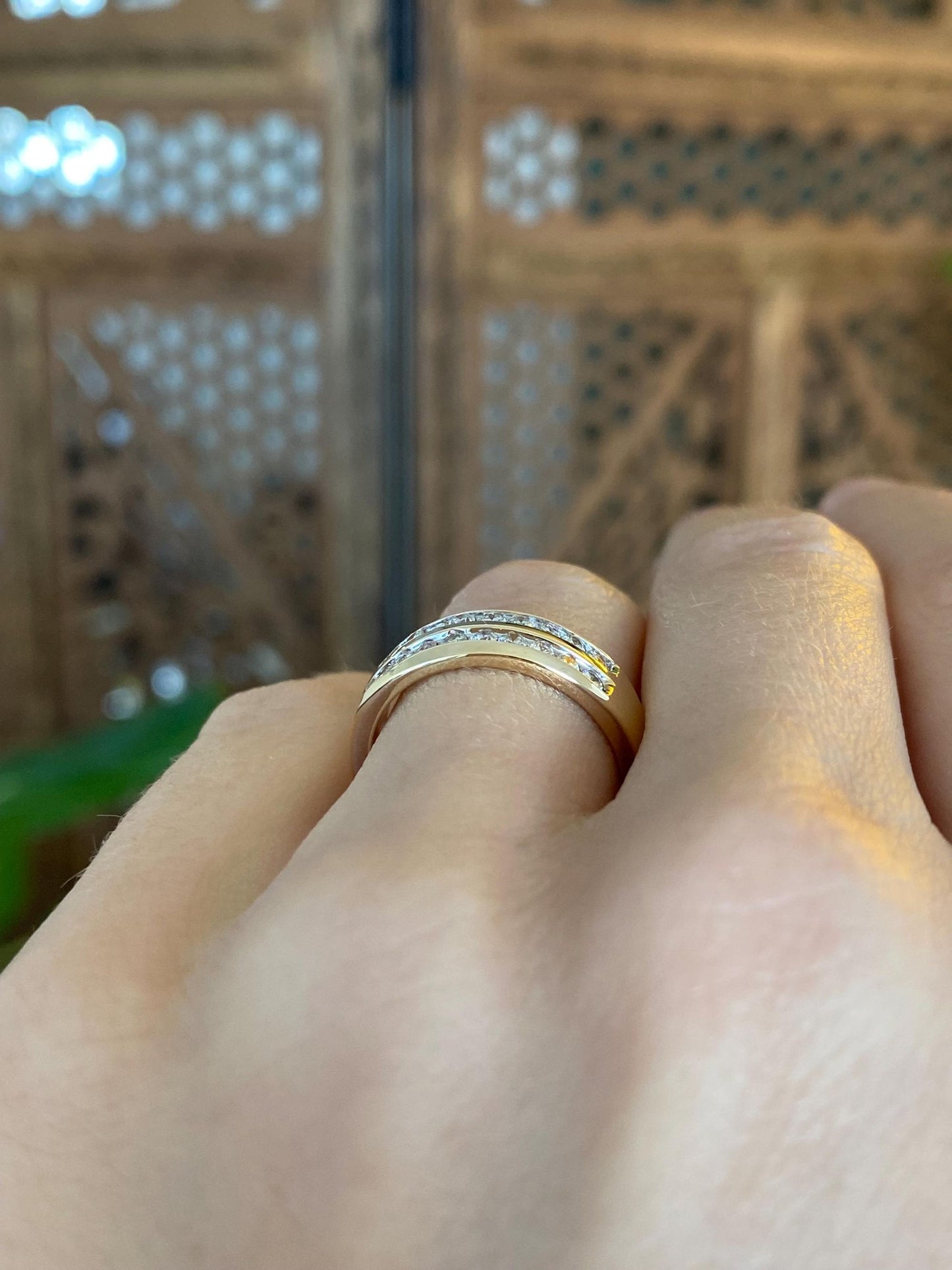 Vintage Solid 14k Yellow Gold Double Diamond Row Ring Band - Size 6