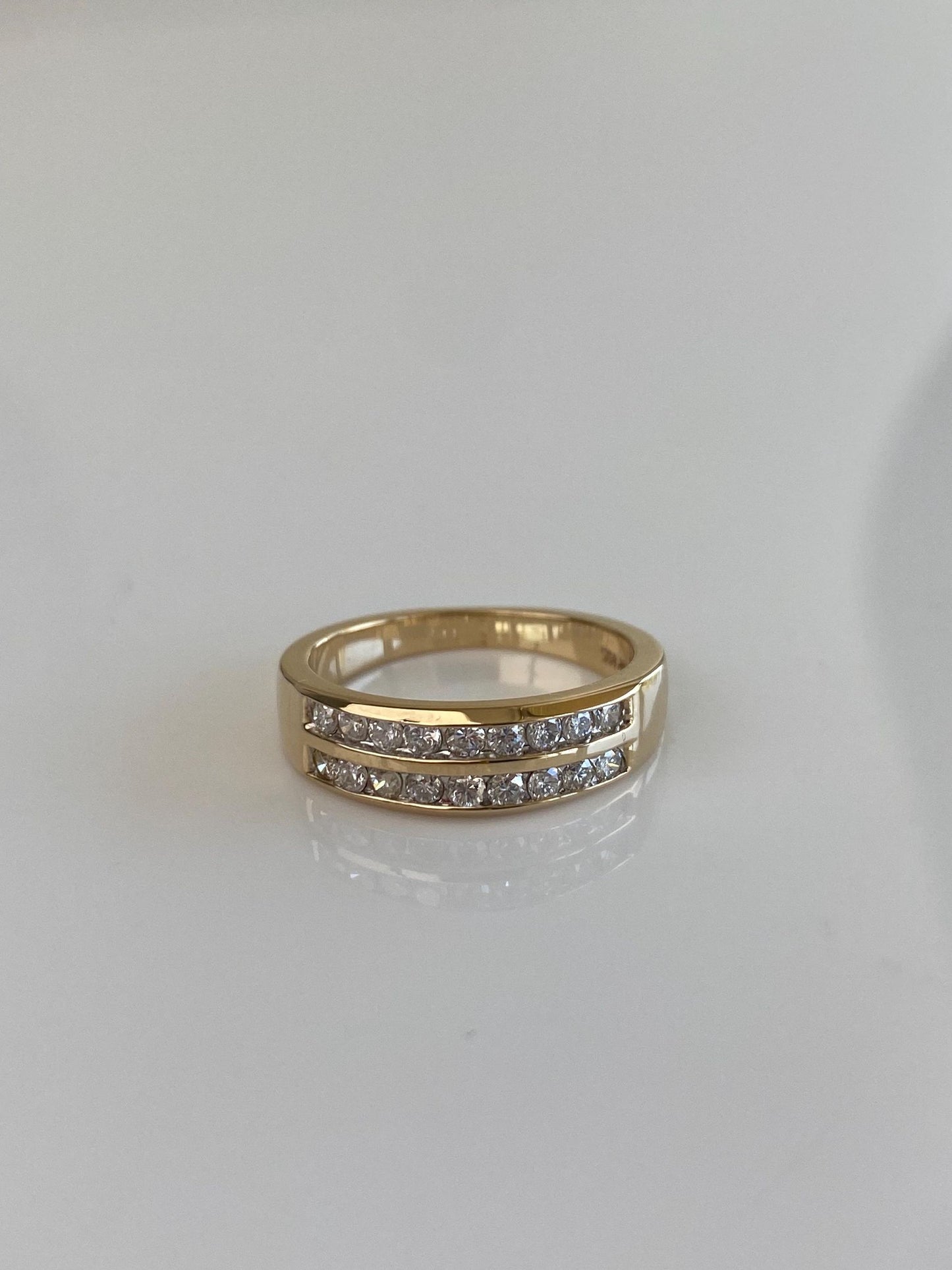 Vintage Solid 14k Yellow Gold Double Diamond Row Ring Band - Size 6