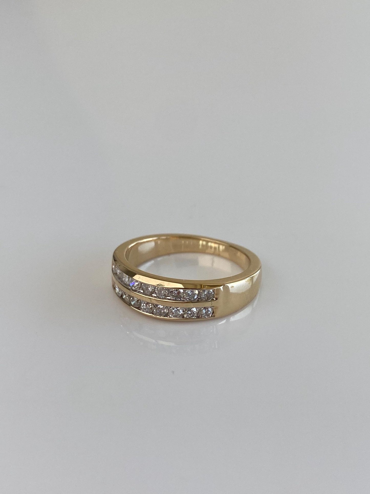 Vintage Solid 14k Yellow Gold Double Diamond Row Ring Band - Size 6
