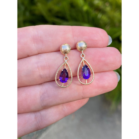 Vintage Solid 14k Yellow Gold Amethyst Dangle Stud Earrings