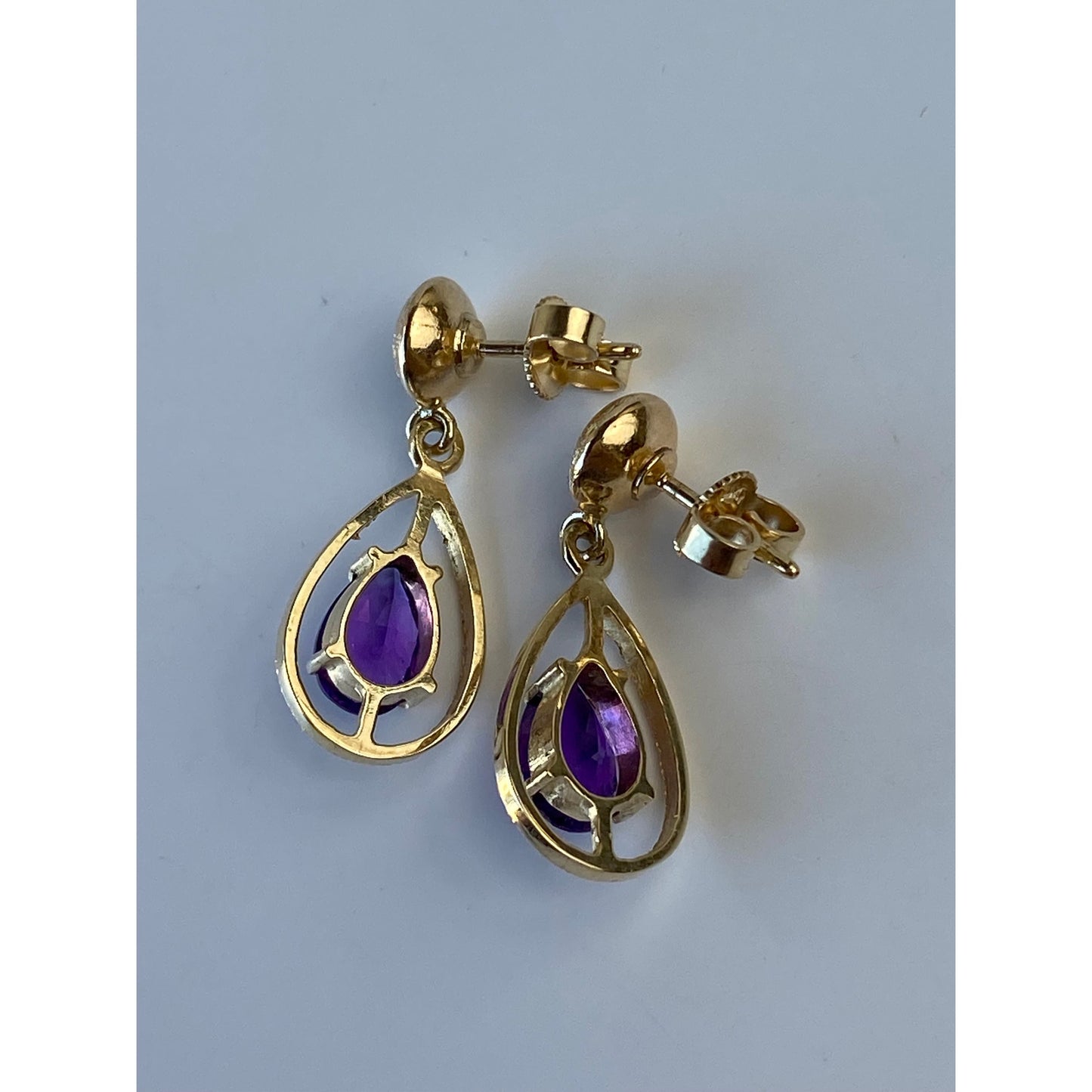 Vintage Solid 14k Yellow Gold Amethyst Dangle Stud Earrings