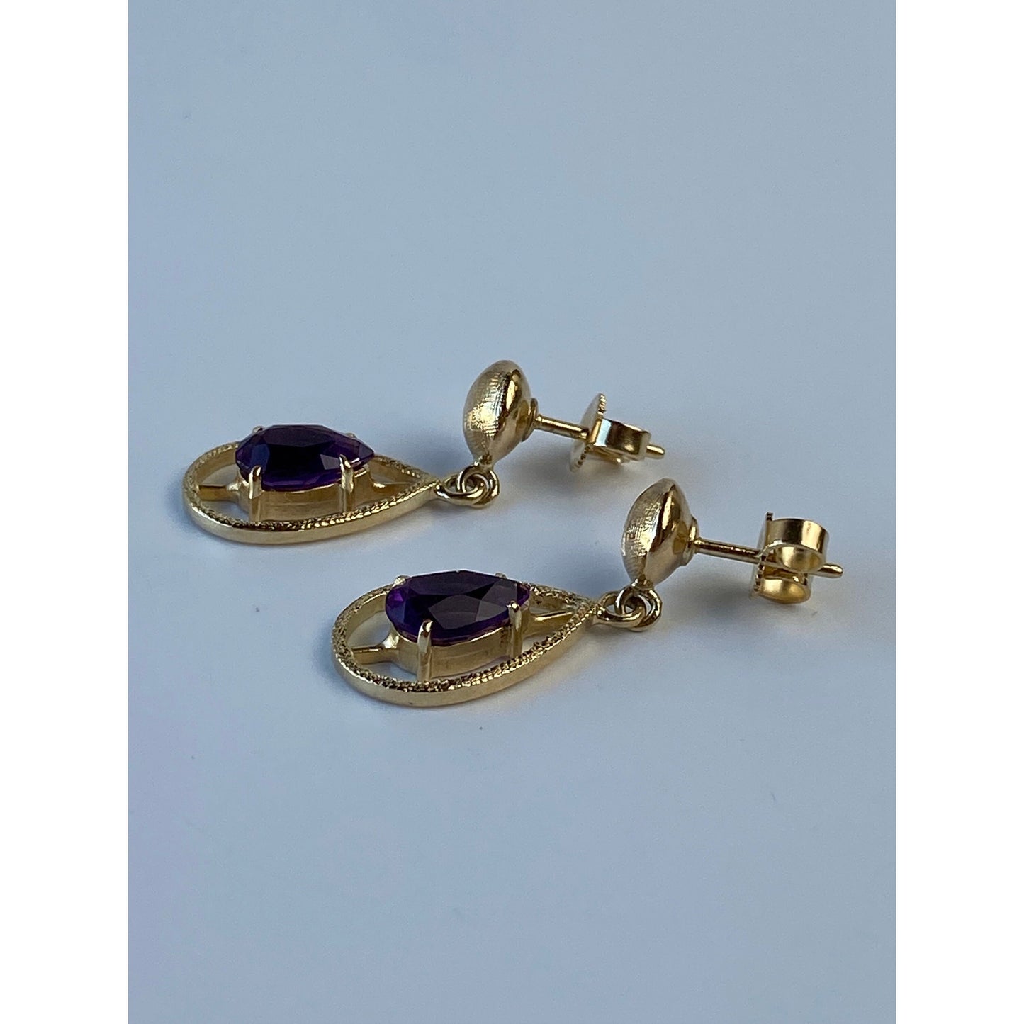 Vintage Solid 14k Yellow Gold Amethyst Dangle Stud Earrings