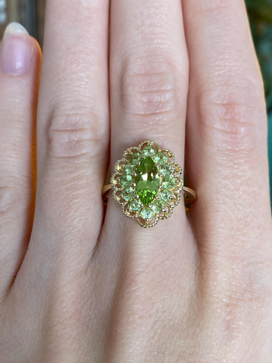 Vintage Solid 14k Yellow Gold Peridot Halo Ring - Size 8.75