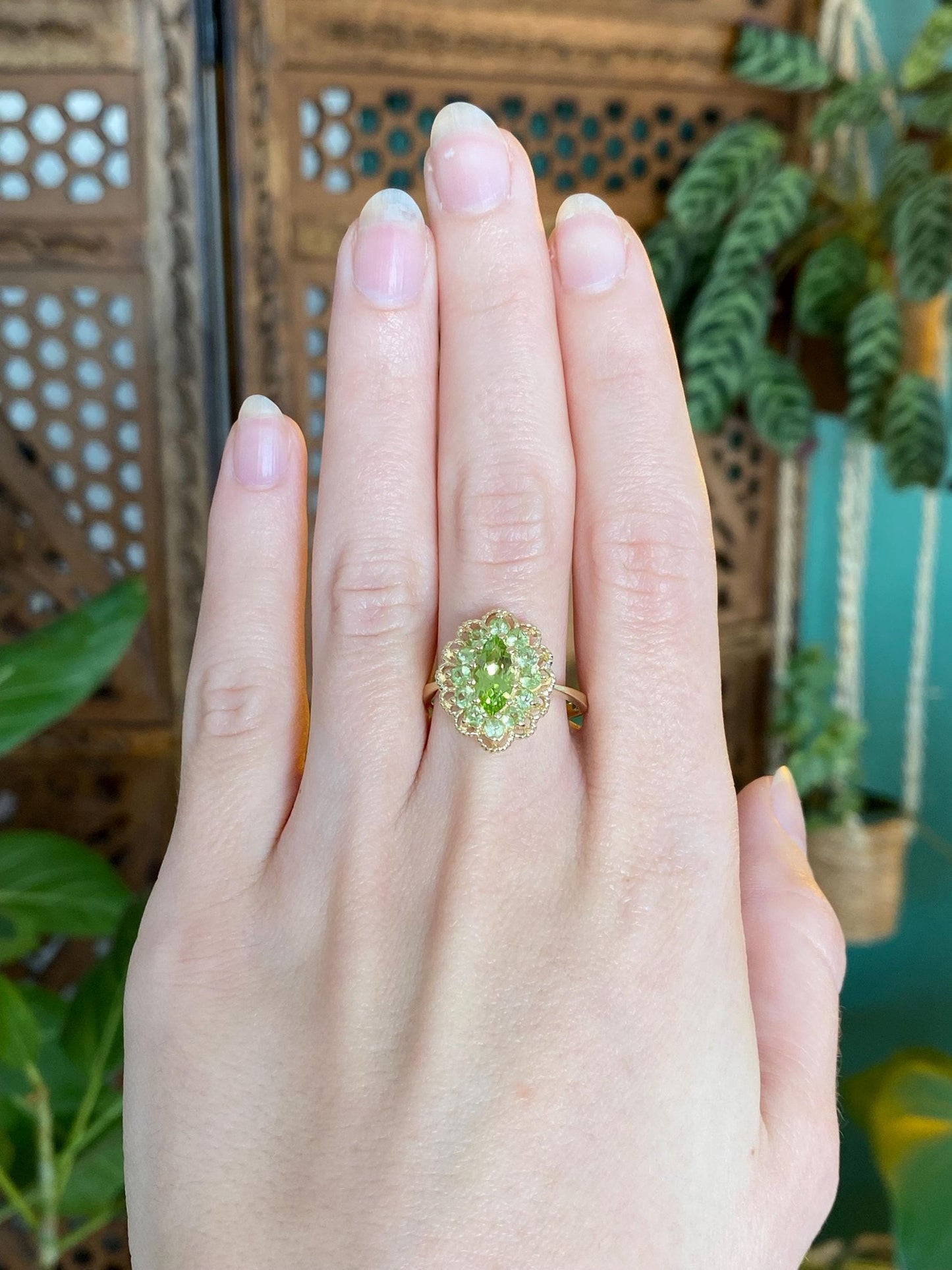 Vintage Solid 14k Yellow Gold Peridot Halo Ring - Size 8.75