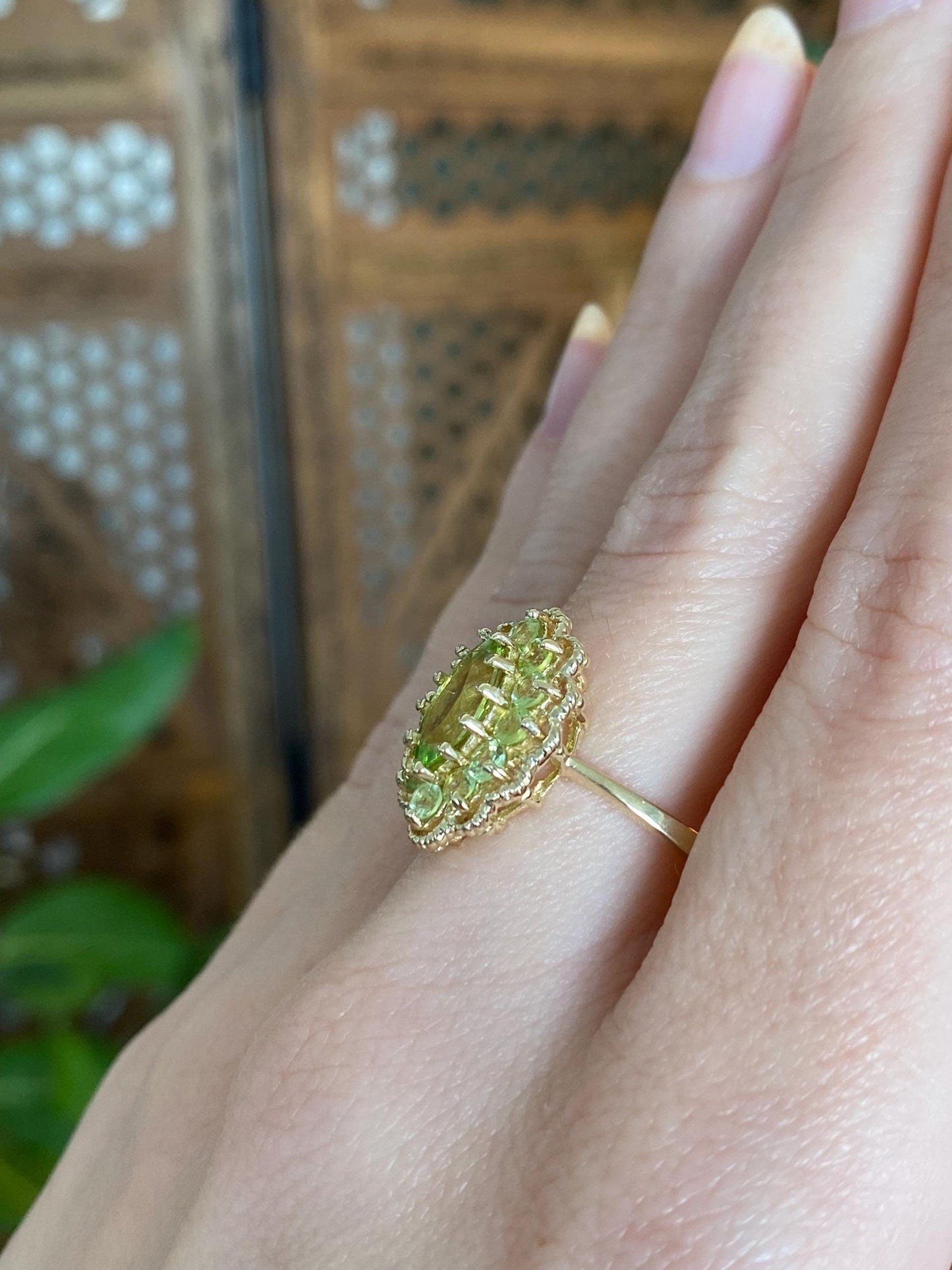 Vintage Solid 14k Yellow Gold Peridot Halo Ring - Size 8.75