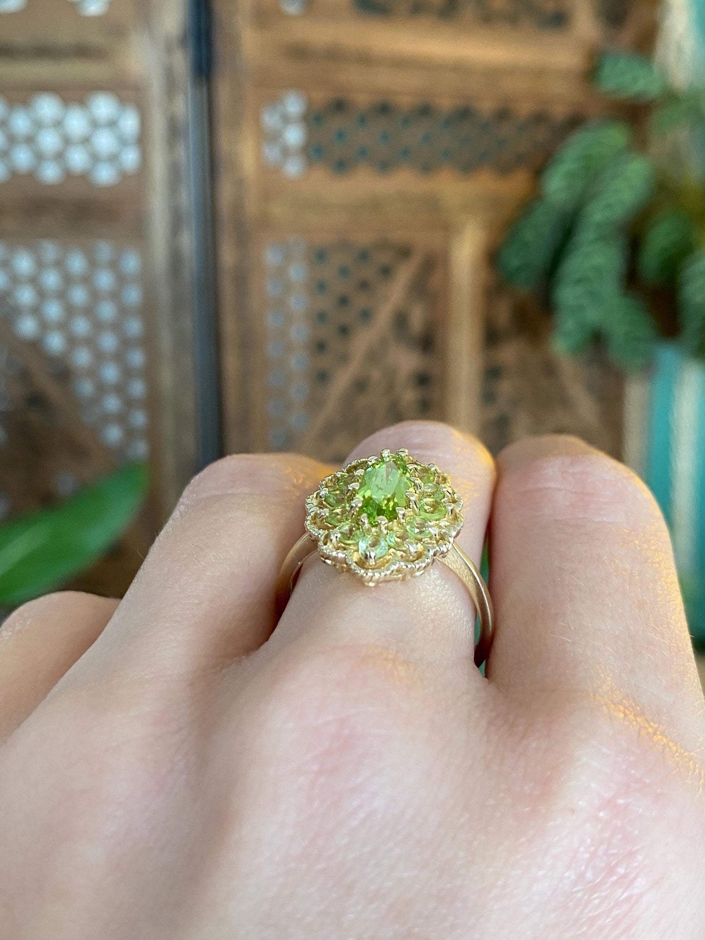 Vintage Solid 14k Yellow Gold Peridot Halo Ring - Size 8.75