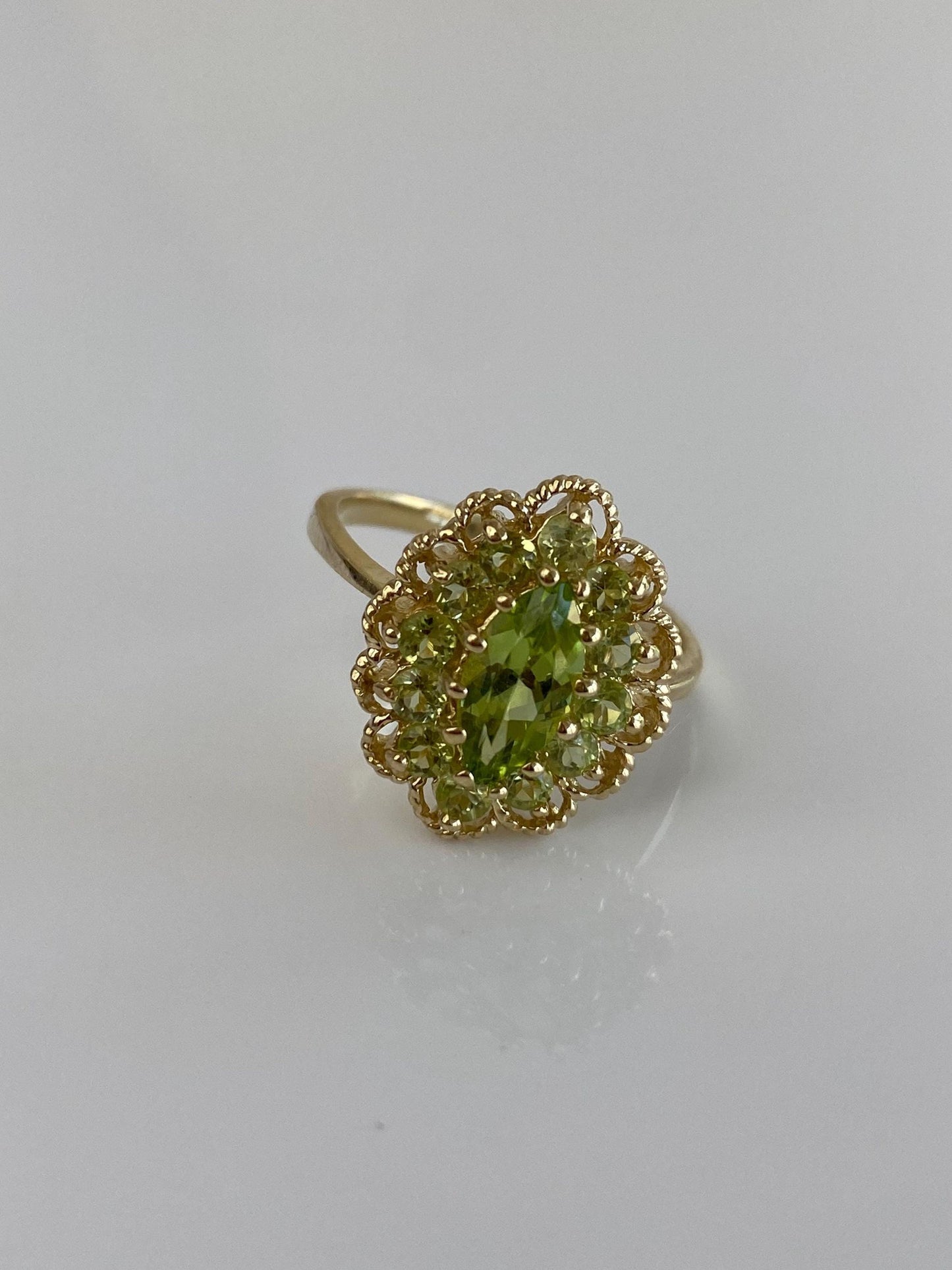 Vintage Solid 14k Yellow Gold Peridot Halo Ring - Size 8.75