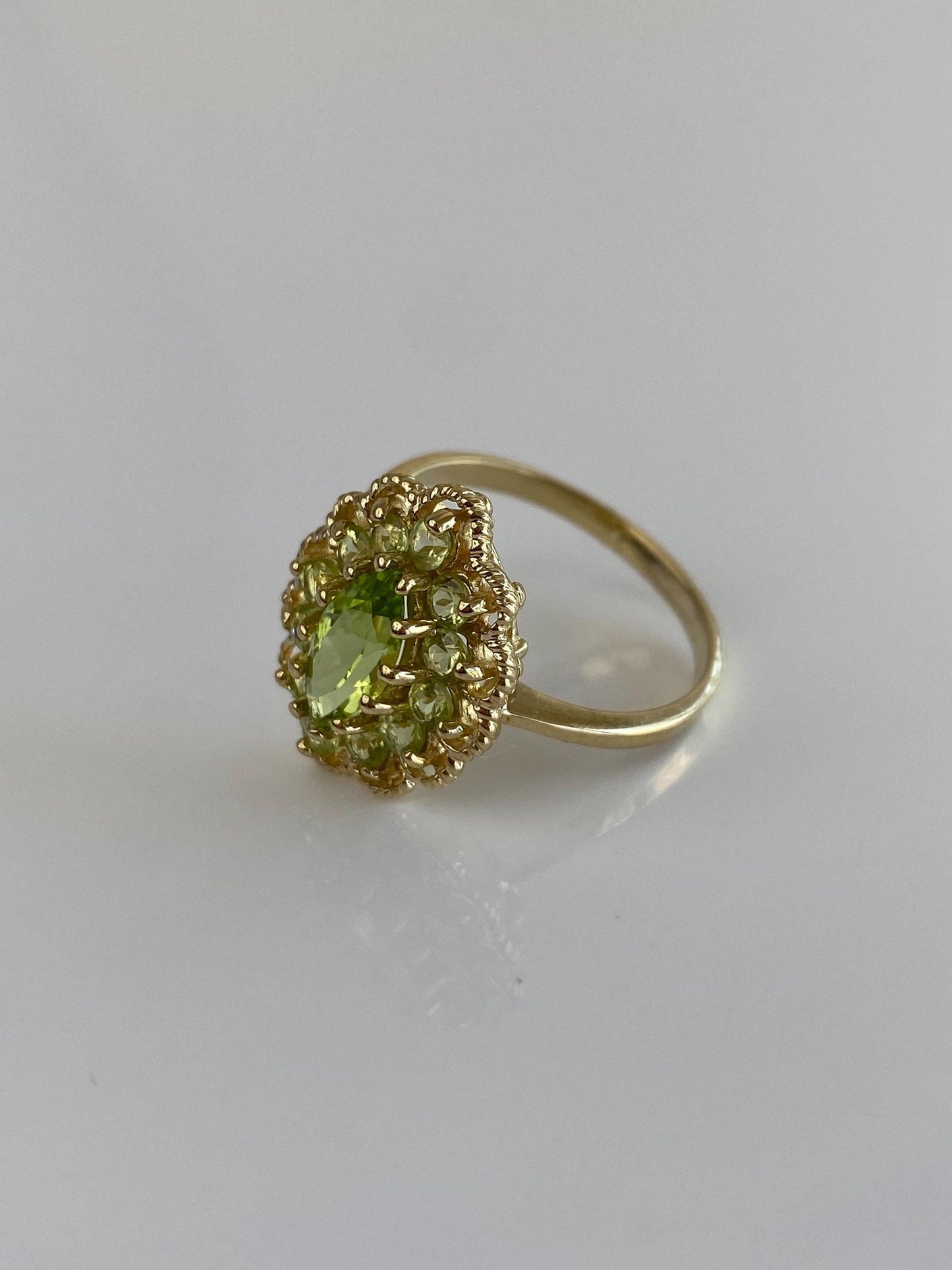 Vintage Solid 14k Yellow Gold Peridot Halo Ring - Size 8.75