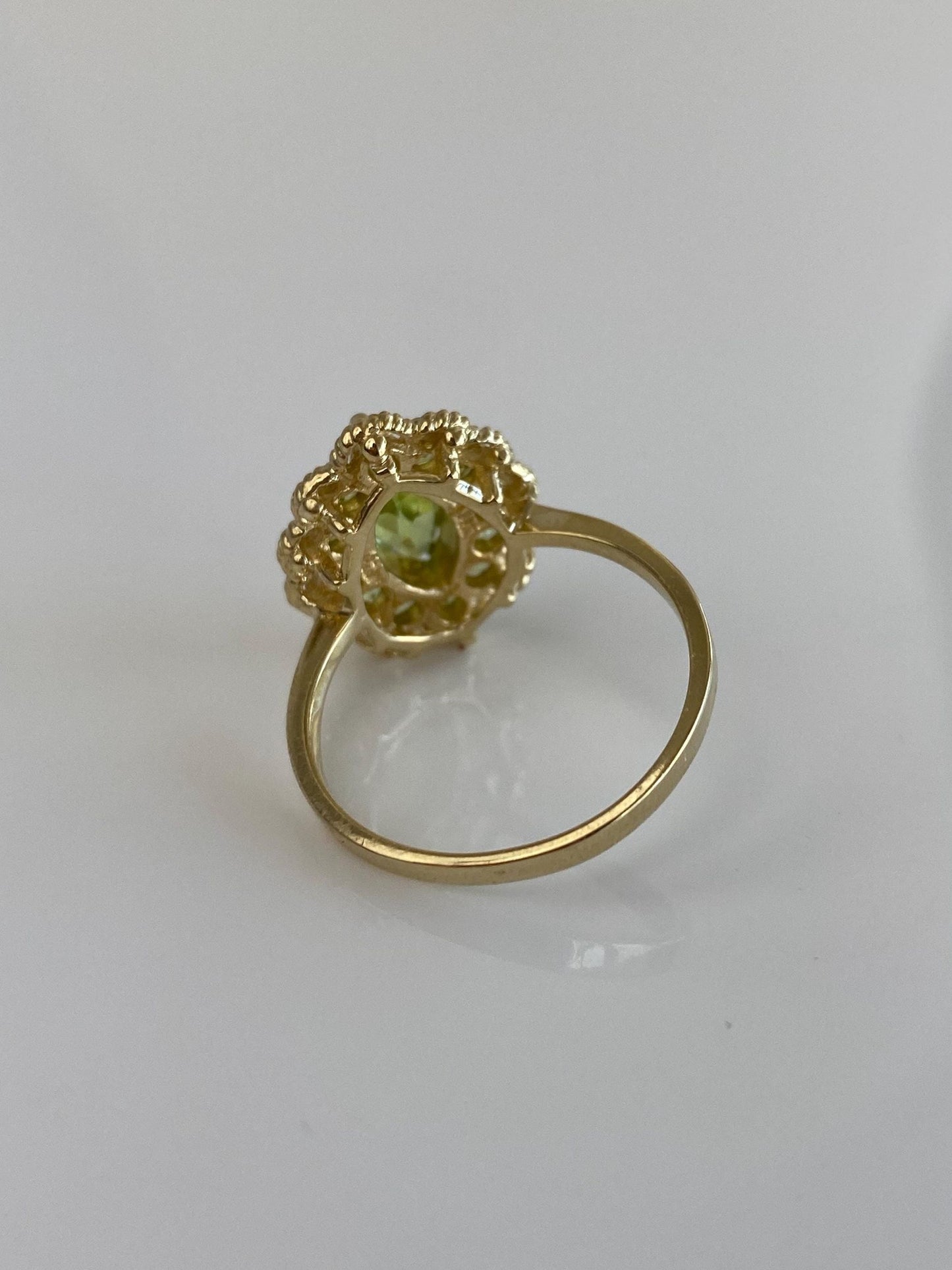 Vintage Solid 14k Yellow Gold Peridot Halo Ring - Size 8.75