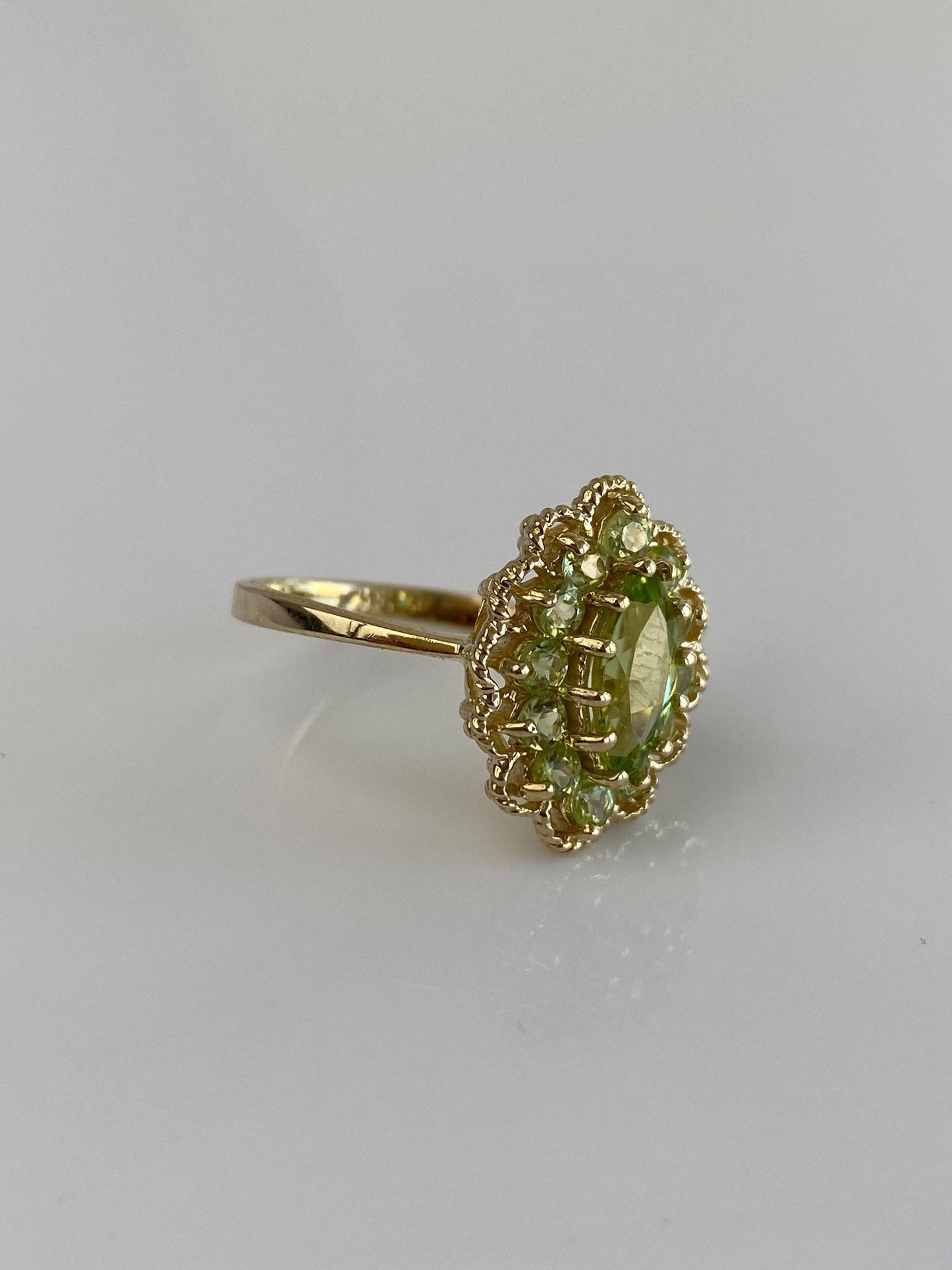 Vintage Solid 14k Yellow Gold Peridot Halo Ring - Size 8.75