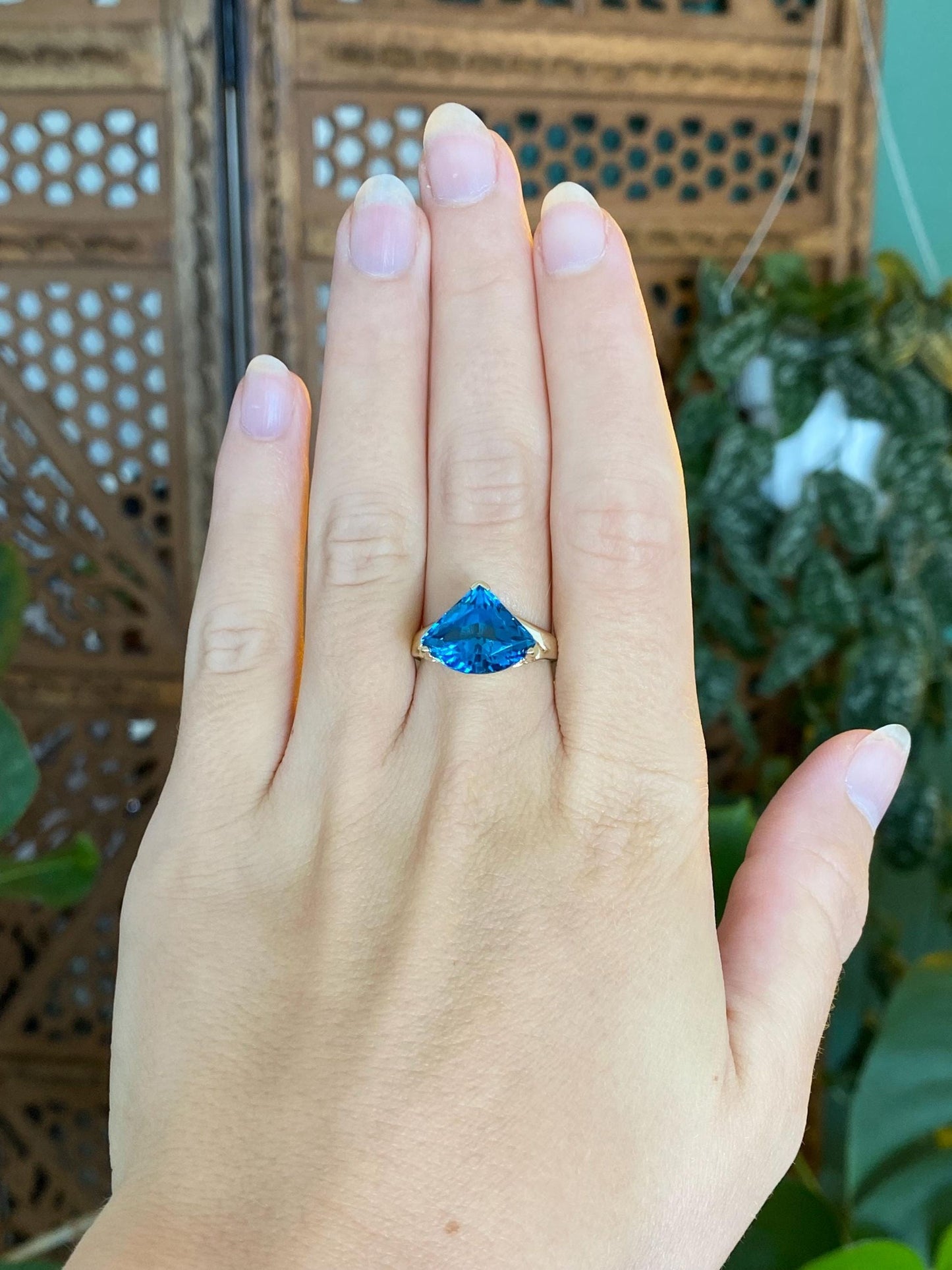 Vintage Solid 14k Yellow Gold Topaz Triangle Ring - Size 7.25