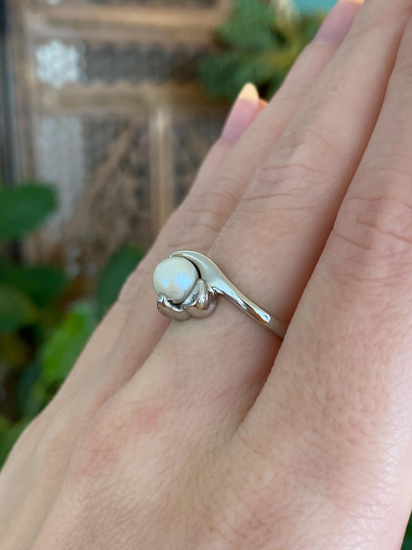 Vintage Solid 10k White Gold Diamond Pearl Ring - Size 7