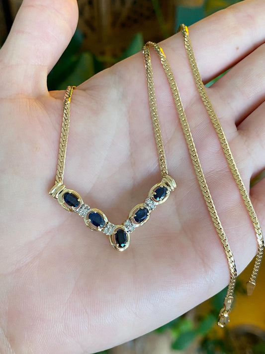 Vintage Solid 14k Yellow Gold Diamond Blue Sapphire Chevron Flat Curb Chain Necklace - 17.5 inches