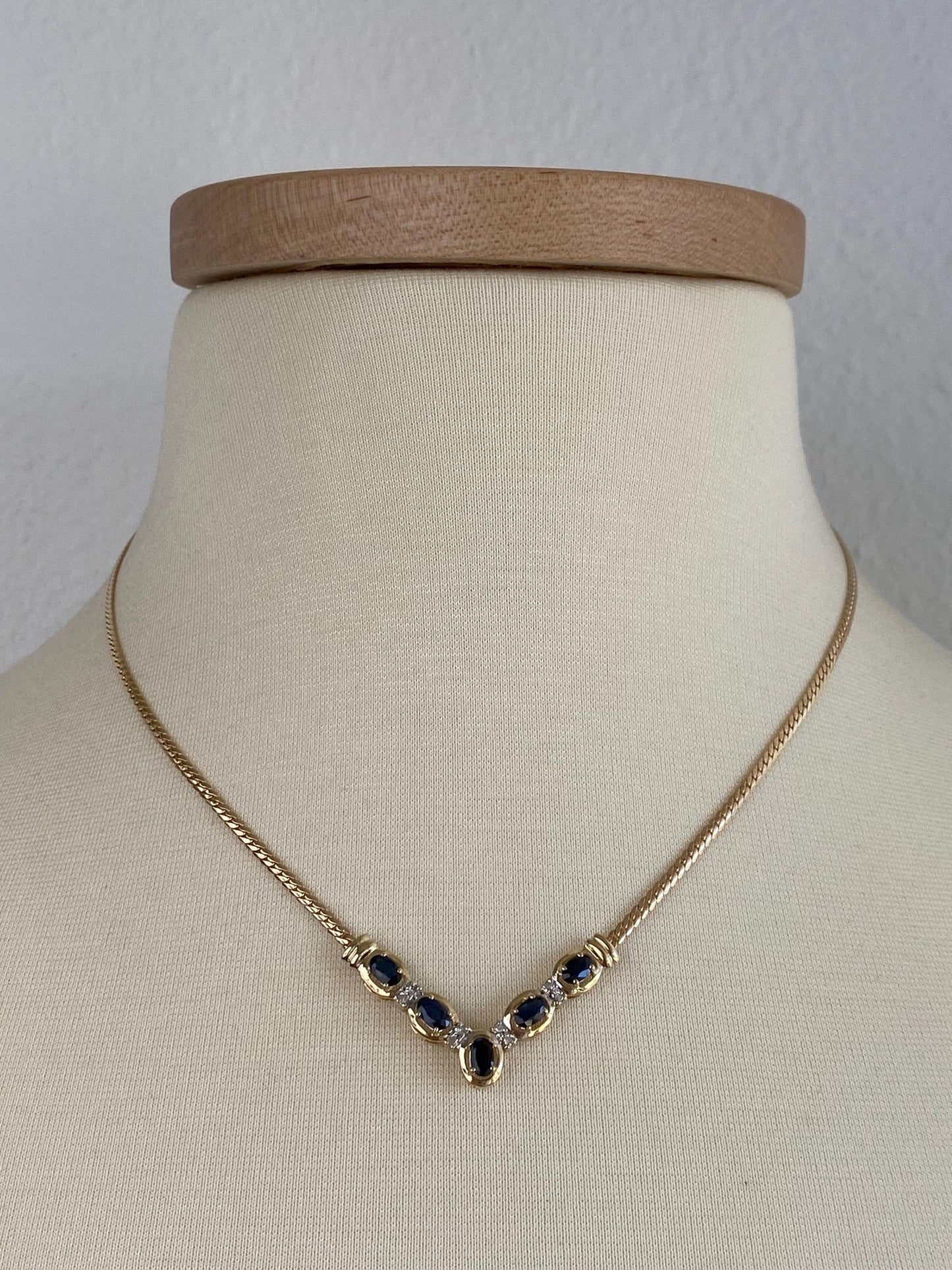 Vintage Solid 14k Yellow Gold Diamond Blue Sapphire Chevron Flat Curb Chain Necklace - 17.5 inches