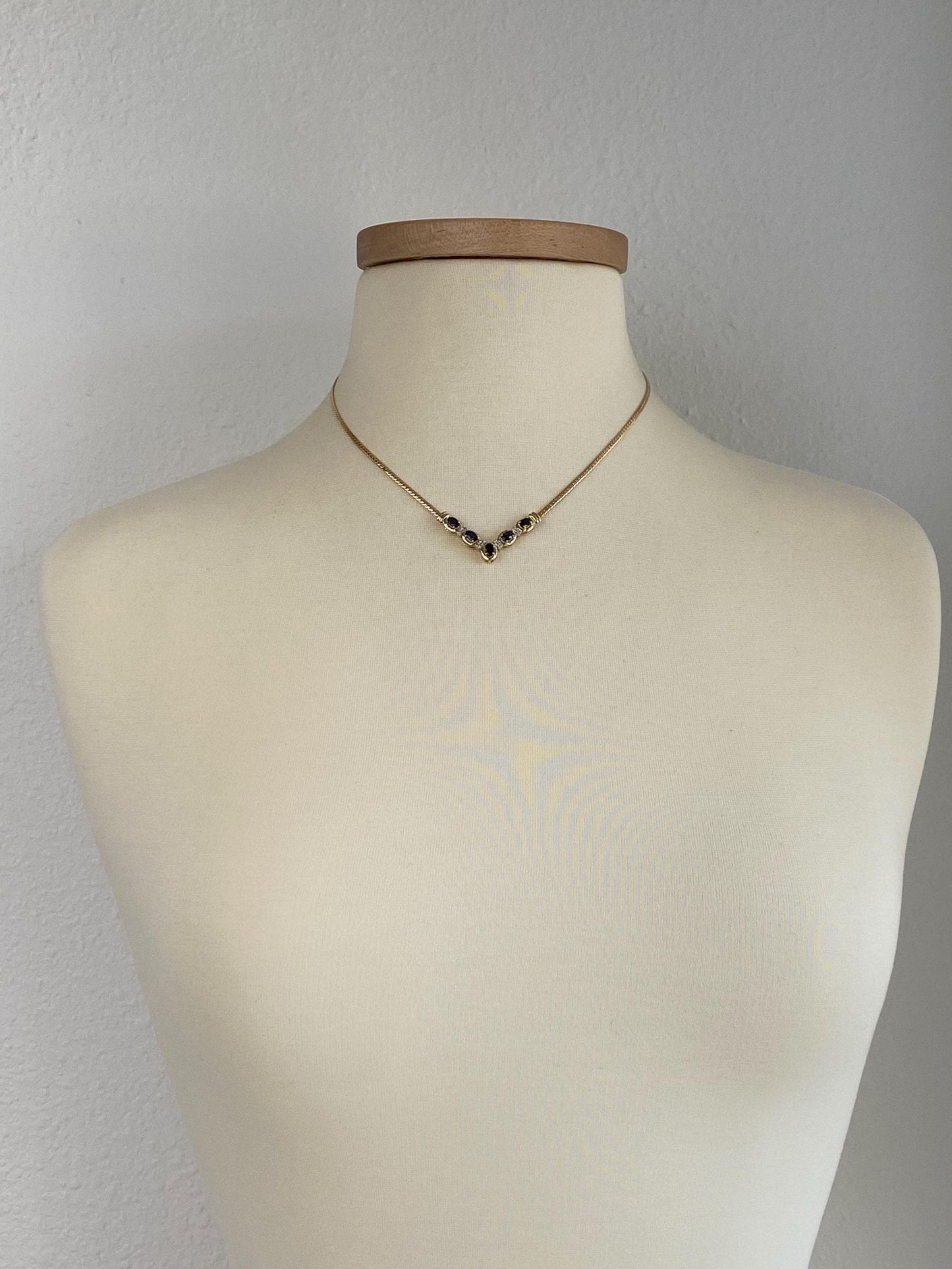 Vintage Solid 14k Yellow Gold Diamond Blue Sapphire Chevron Flat Curb Chain Necklace - 17.5 inches