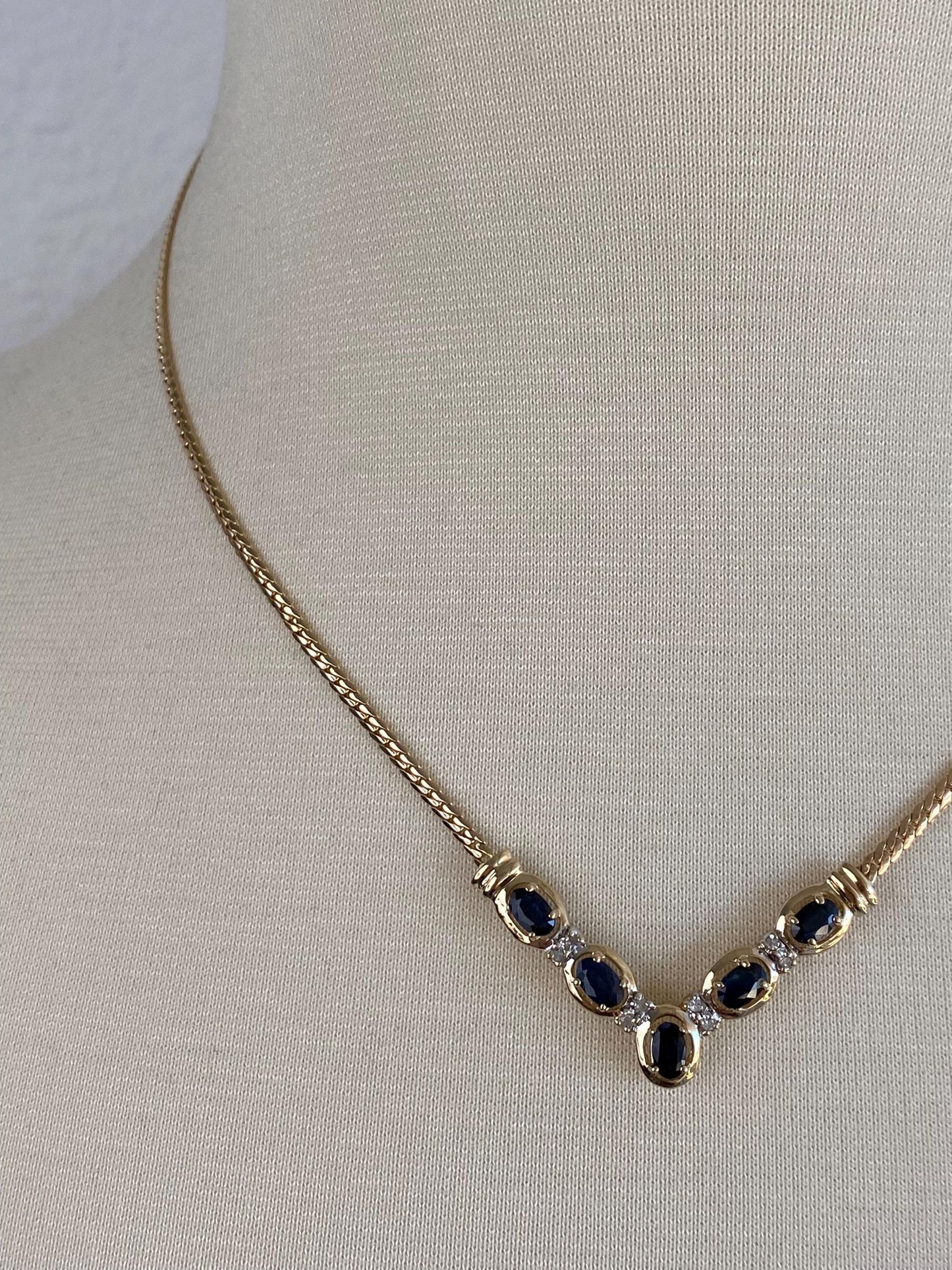 Vintage Solid 14k Yellow Gold Diamond Blue Sapphire Chevron Flat Curb Chain Necklace - 17.5 inches