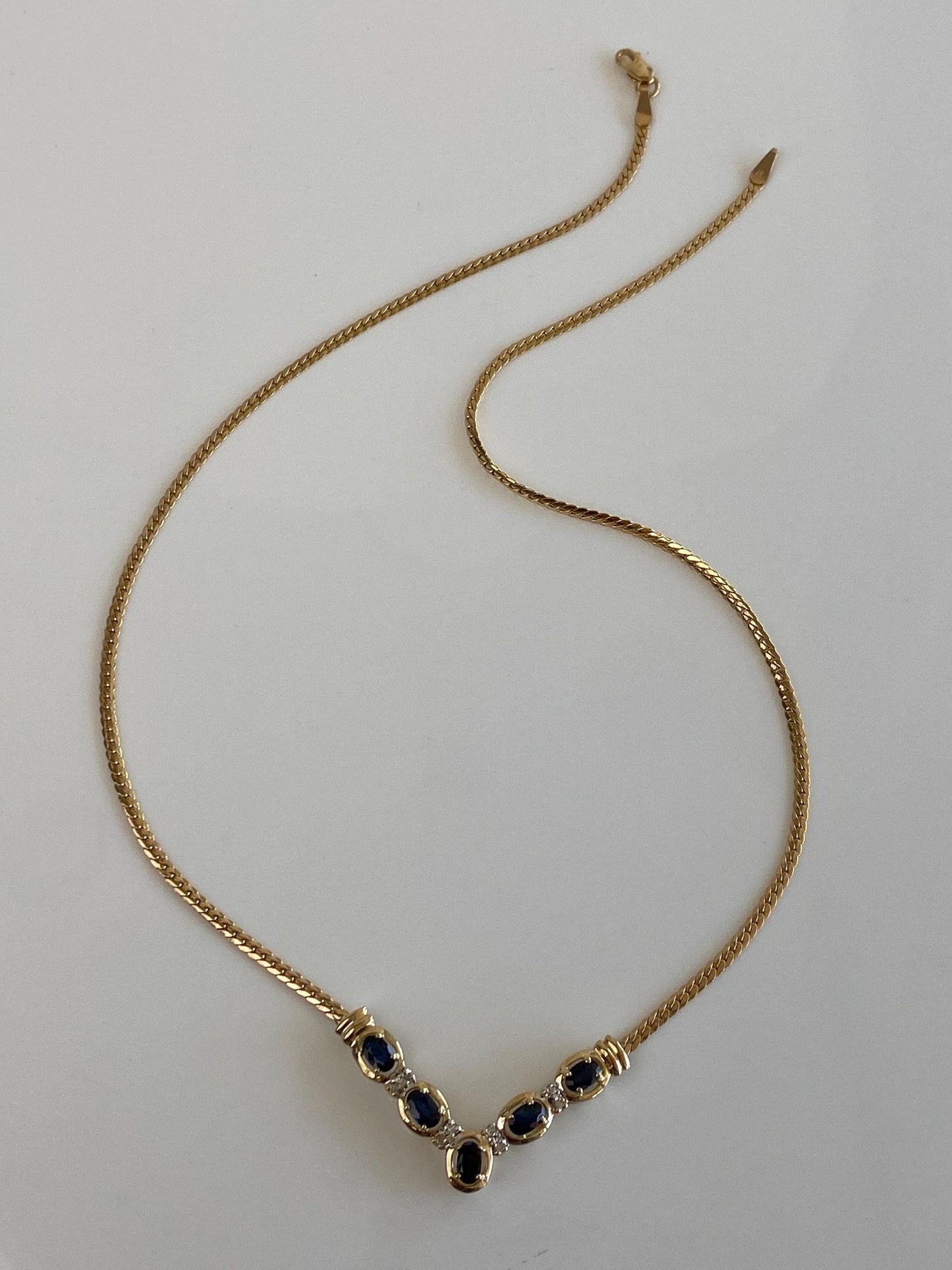 Vintage Solid 14k Yellow Gold Diamond Blue Sapphire Chevron Flat Curb Chain Necklace - 17.5 inches
