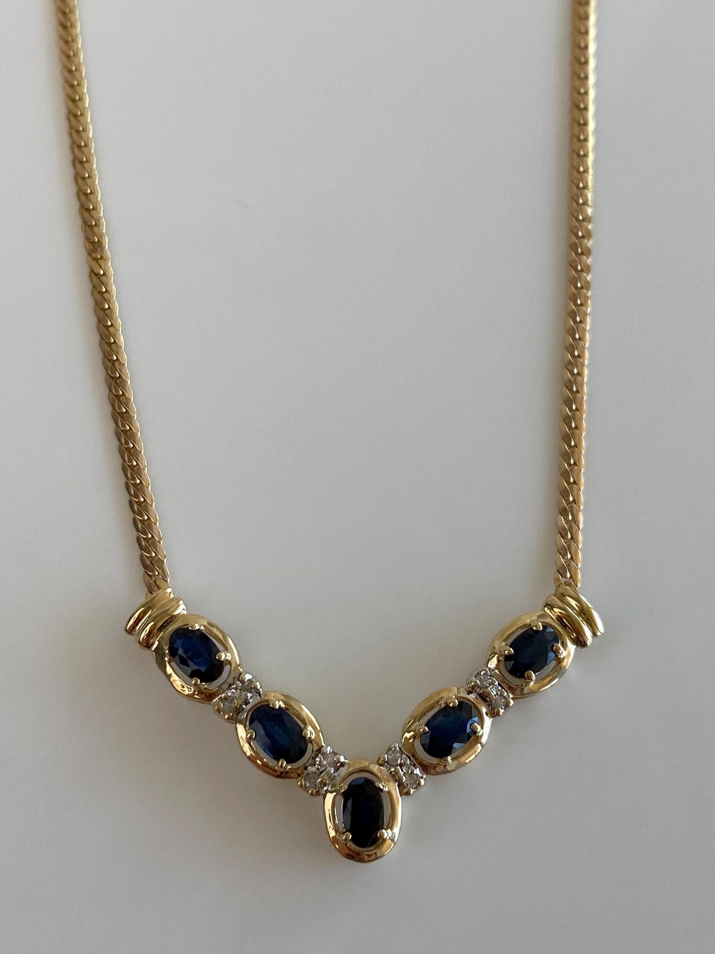 Vintage Solid 14k Yellow Gold Diamond Blue Sapphire Chevron Flat Curb Chain Necklace - 17.5 inches