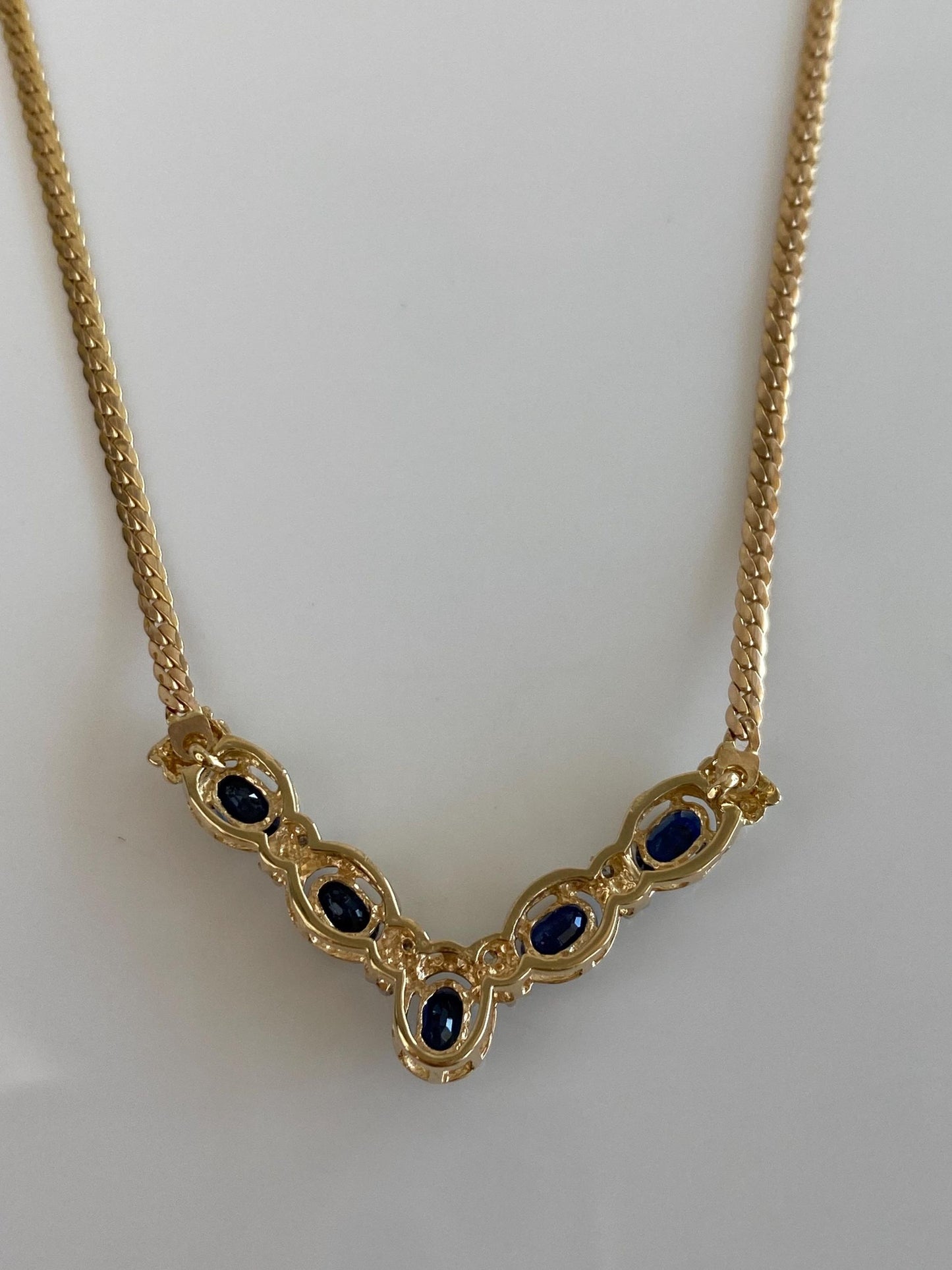 Vintage Solid 14k Yellow Gold Diamond Blue Sapphire Chevron Flat Curb Chain Necklace - 17.5 inches