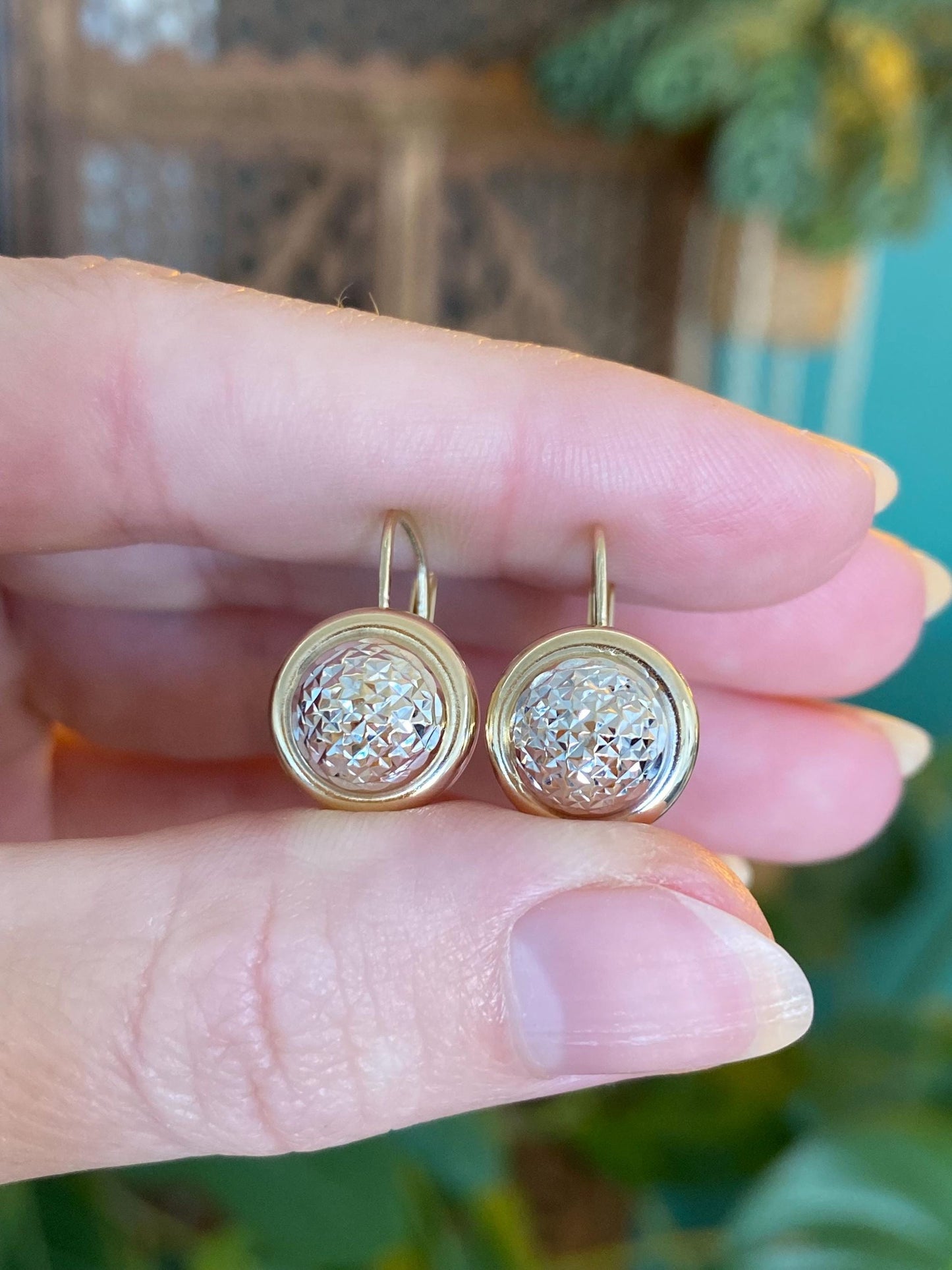 Vintage 14k White & Yellow Gold Diamond Cut Drop Earrings