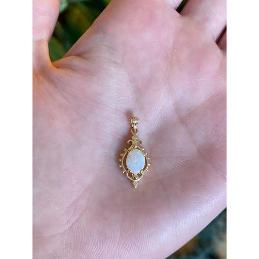 Solid 14k Yellow Gold Opal Ornate Charm