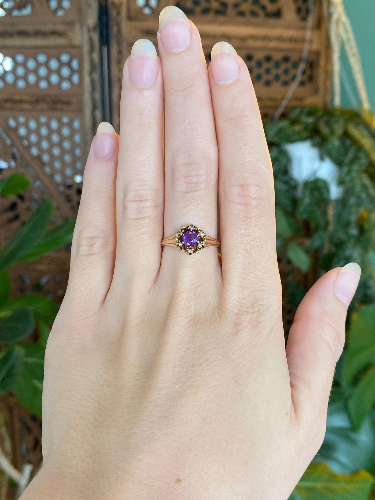 Solid 10k Yellow Gold Amethyst Seed Pearl Ring - Size 6.75