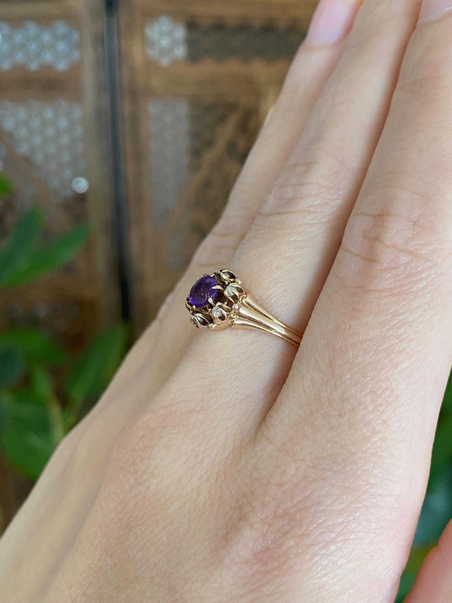 Solid 10k Yellow Gold Amethyst Seed Pearl Ring - Size 6.75