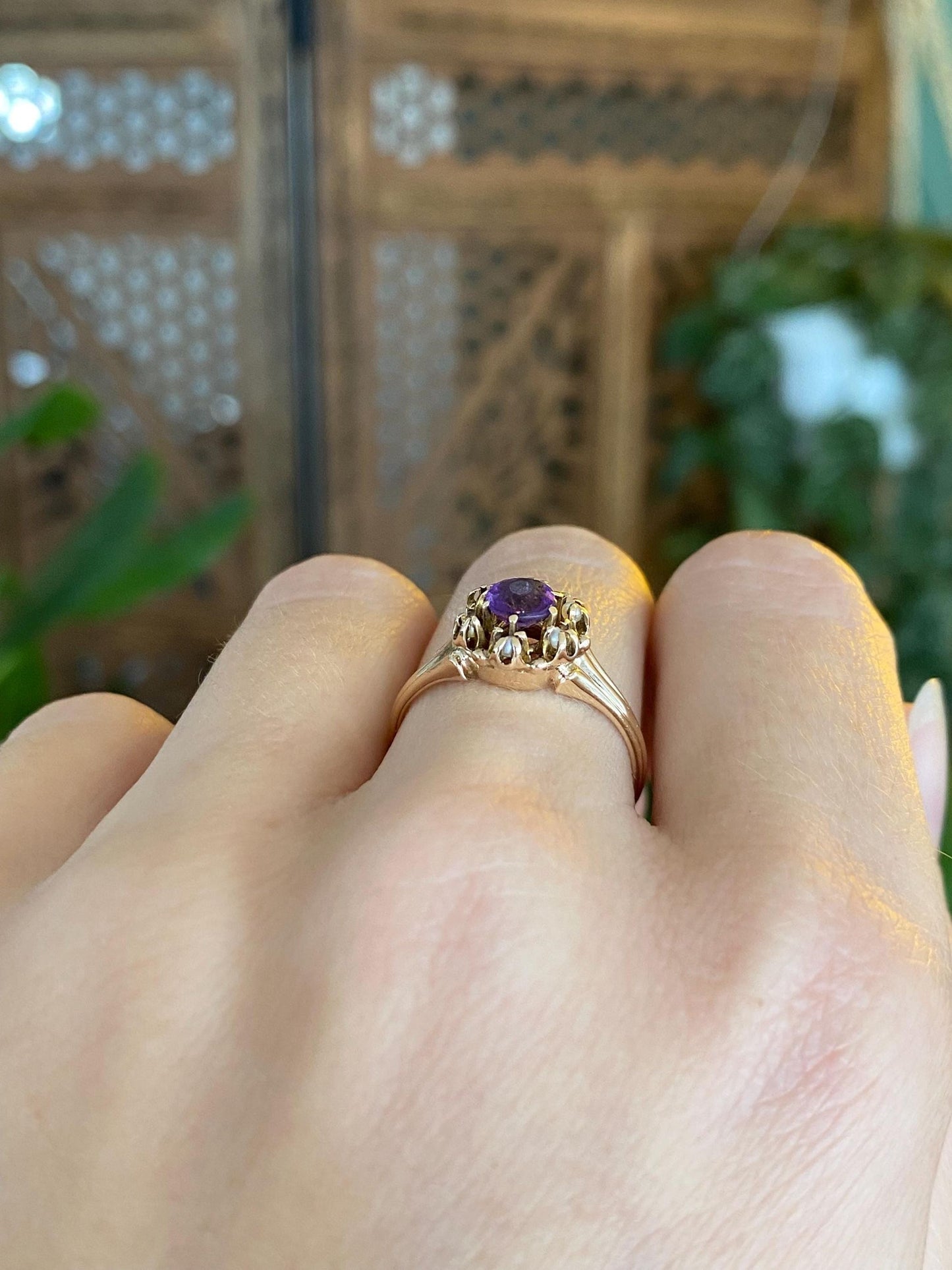 Solid 10k Yellow Gold Amethyst Seed Pearl Ring - Size 6.75
